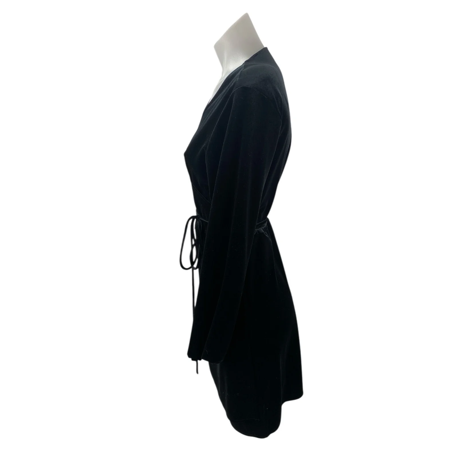 Zara Woman Black Velvet Velour Long Sleeve Tie Belt V-neck Mini Wrap Dress Sz L - Image 3