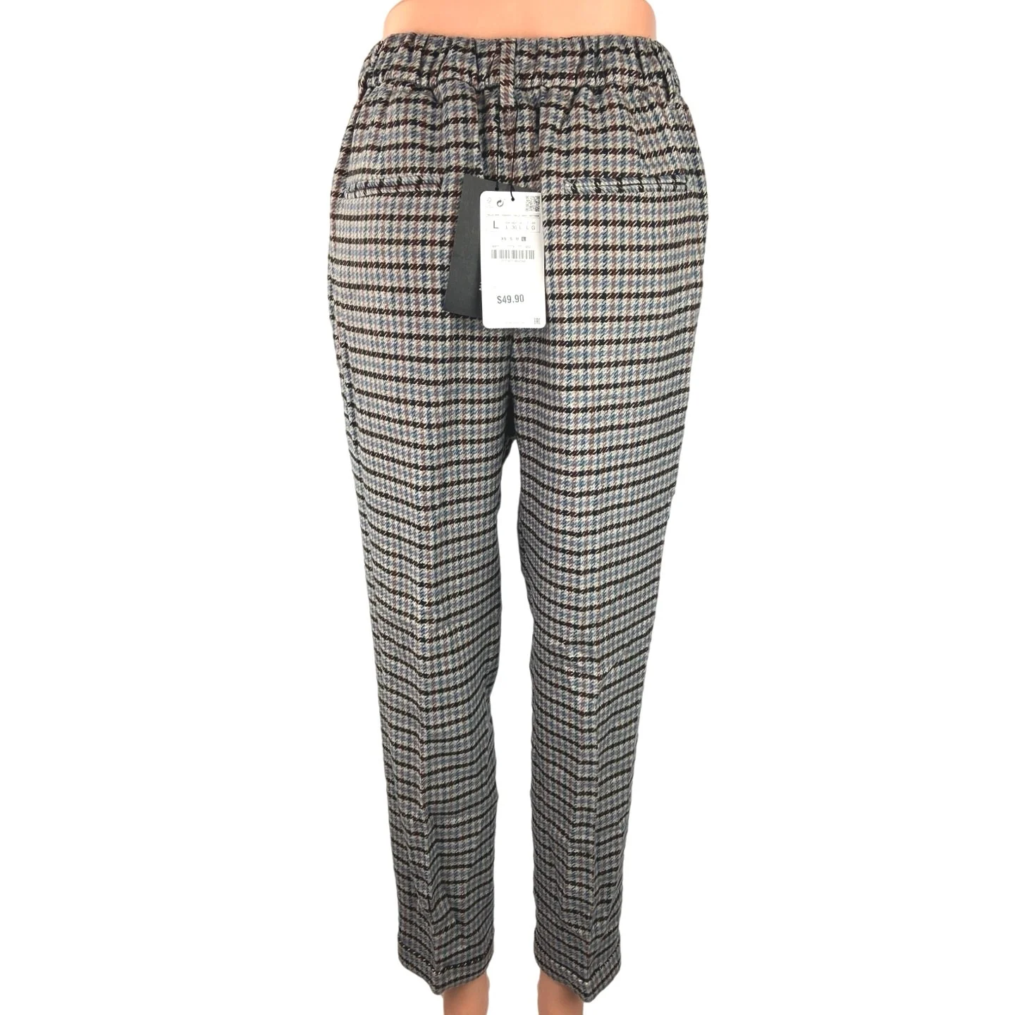 Zara Woman NWT Gray Tweed Houndstooth High Rise Pleated Straight Dress Pants L - Image 3