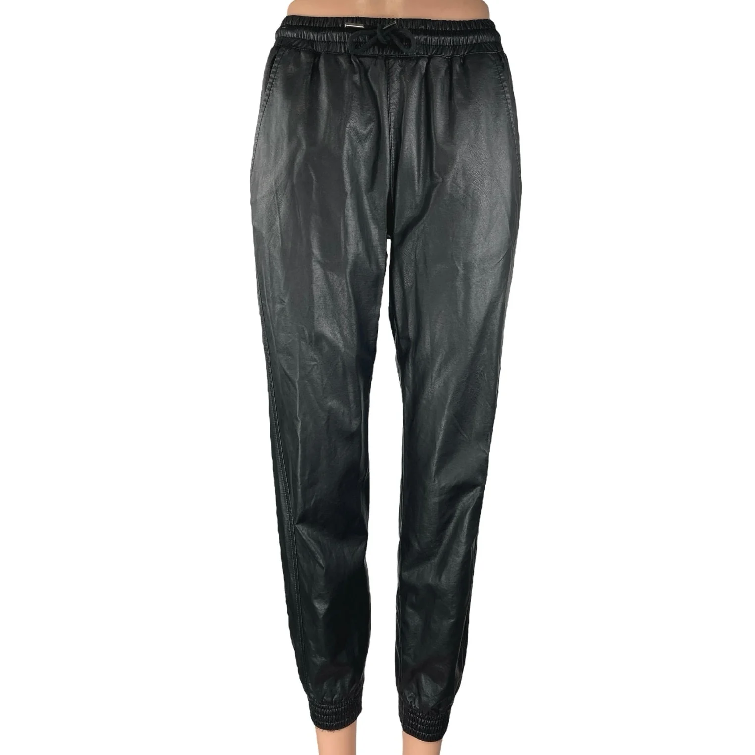 Zara Women Black Faux Vegan Leather High Rise Drawstring Jogger Trouser Pants XS