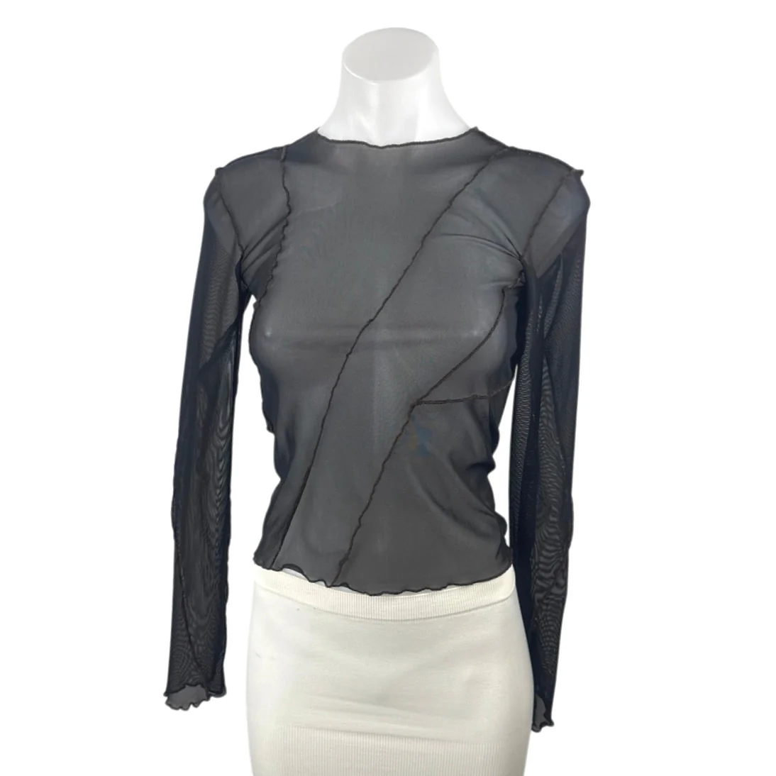 Zara Women Black Sheer Mesh Patchwork Lettuce Long Sleeve Crop Blouse Top Size S