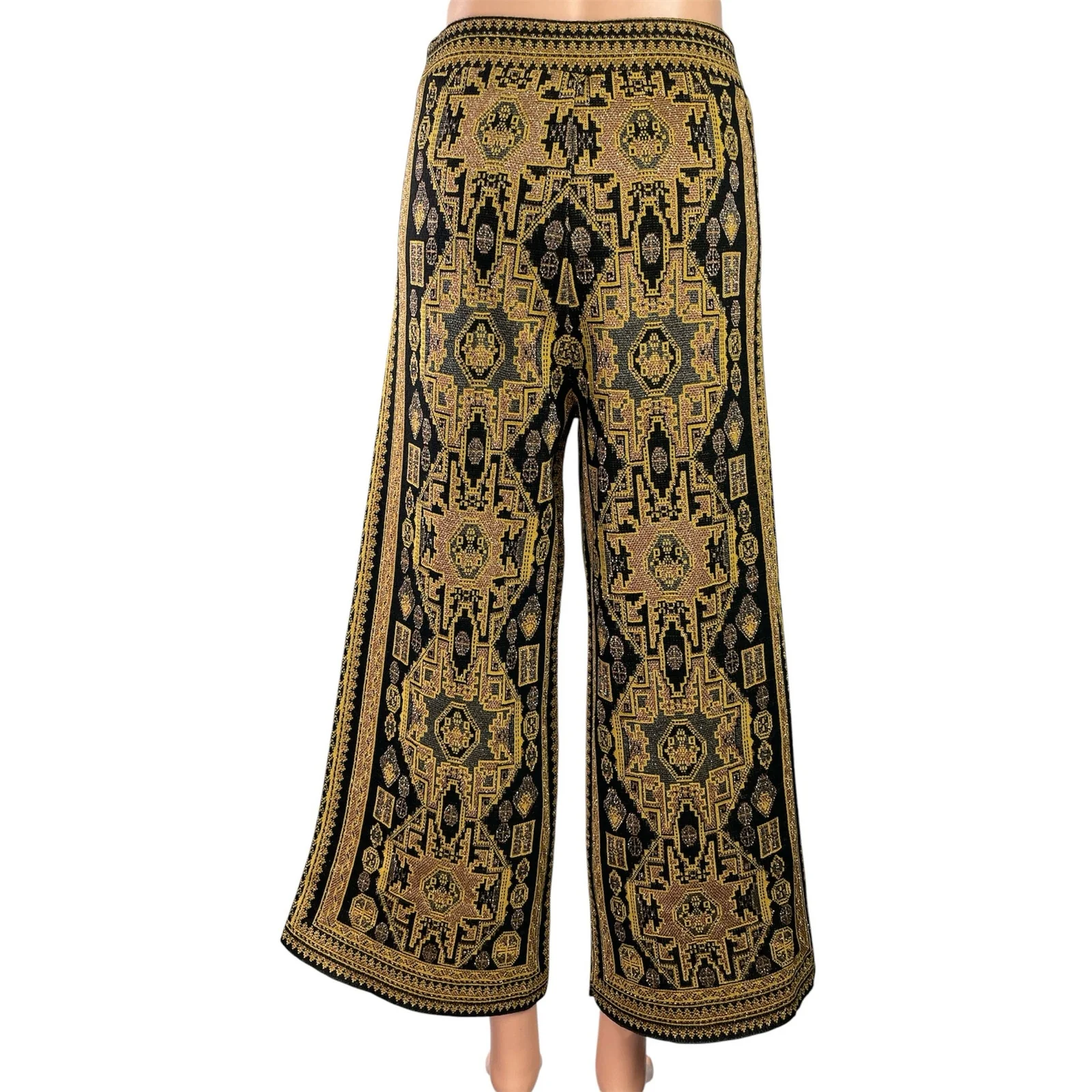 Zara Women Gold Black Aztec Boho Jacquard Cropped Wide Leg Trousers Pants Size S - Image 3