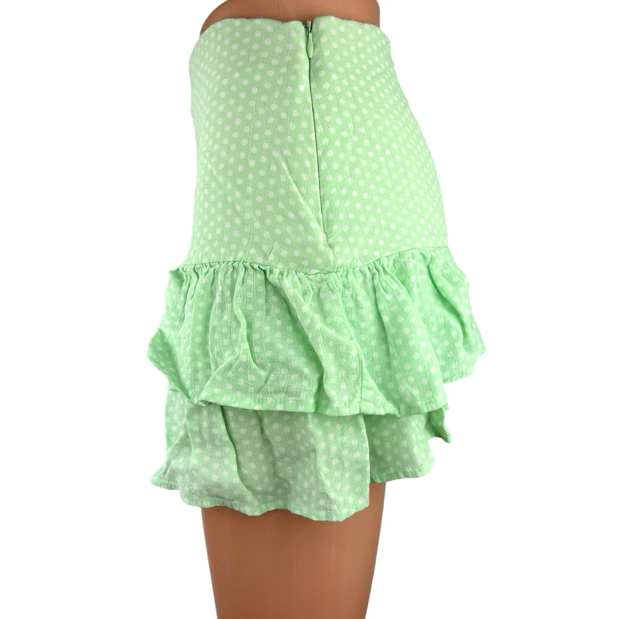 Zara Women Green Polka Dot Ruffle Hem Zipper Casual A-line Mini Skirt Skort Sz S - Image 2