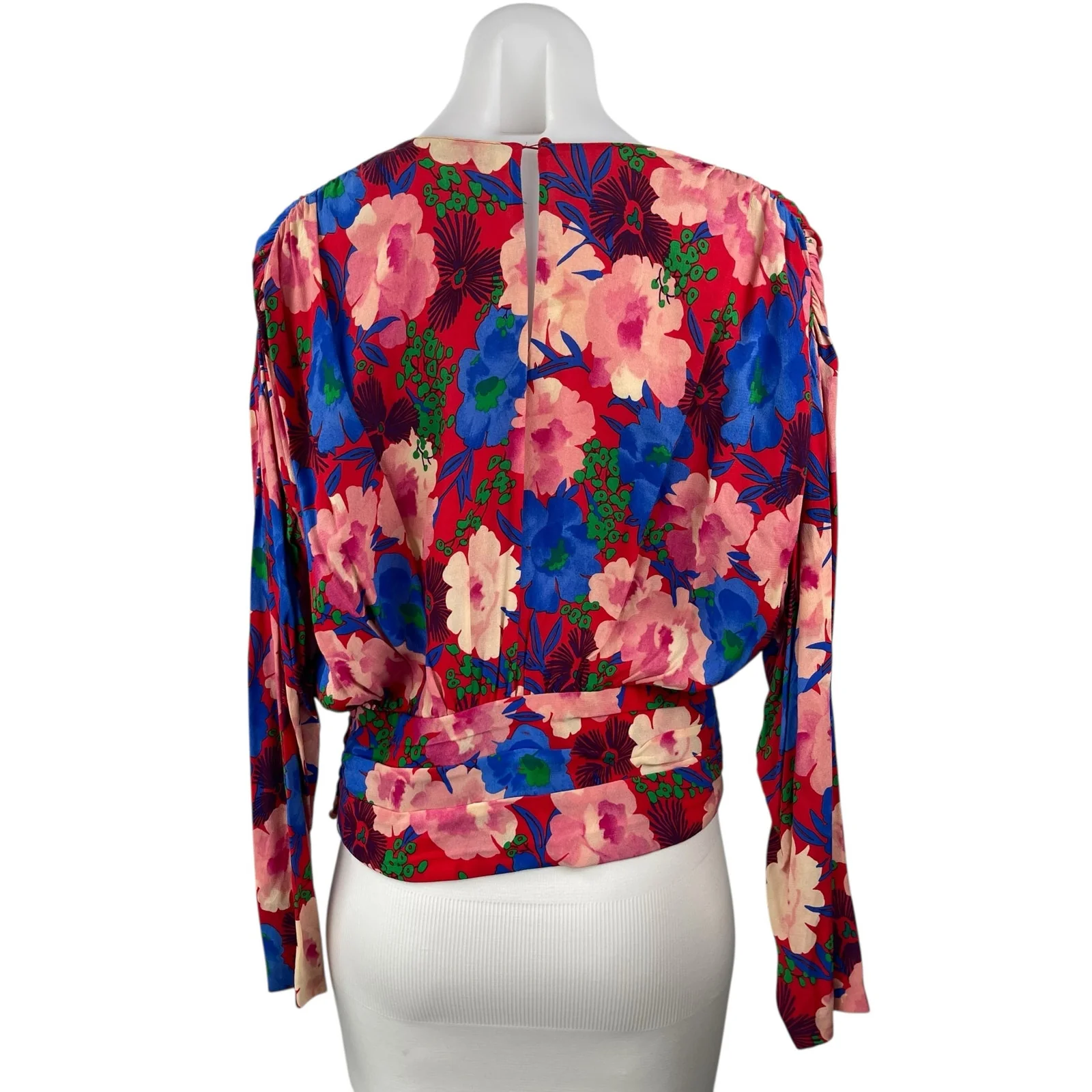 Zara Women Red Multicolor Floral Long Sleeve Pleated Crew Neck Blouse Top Size S - Image 2
