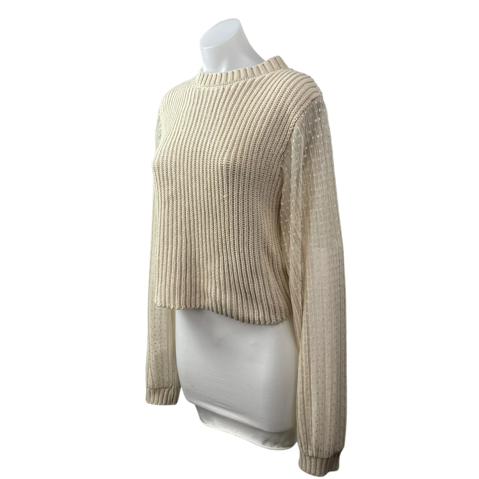 Zara Womens Beige Cable Knit Sheer Polka Dot Long Sleeve Crew Neck Sweater Top L - Image 2