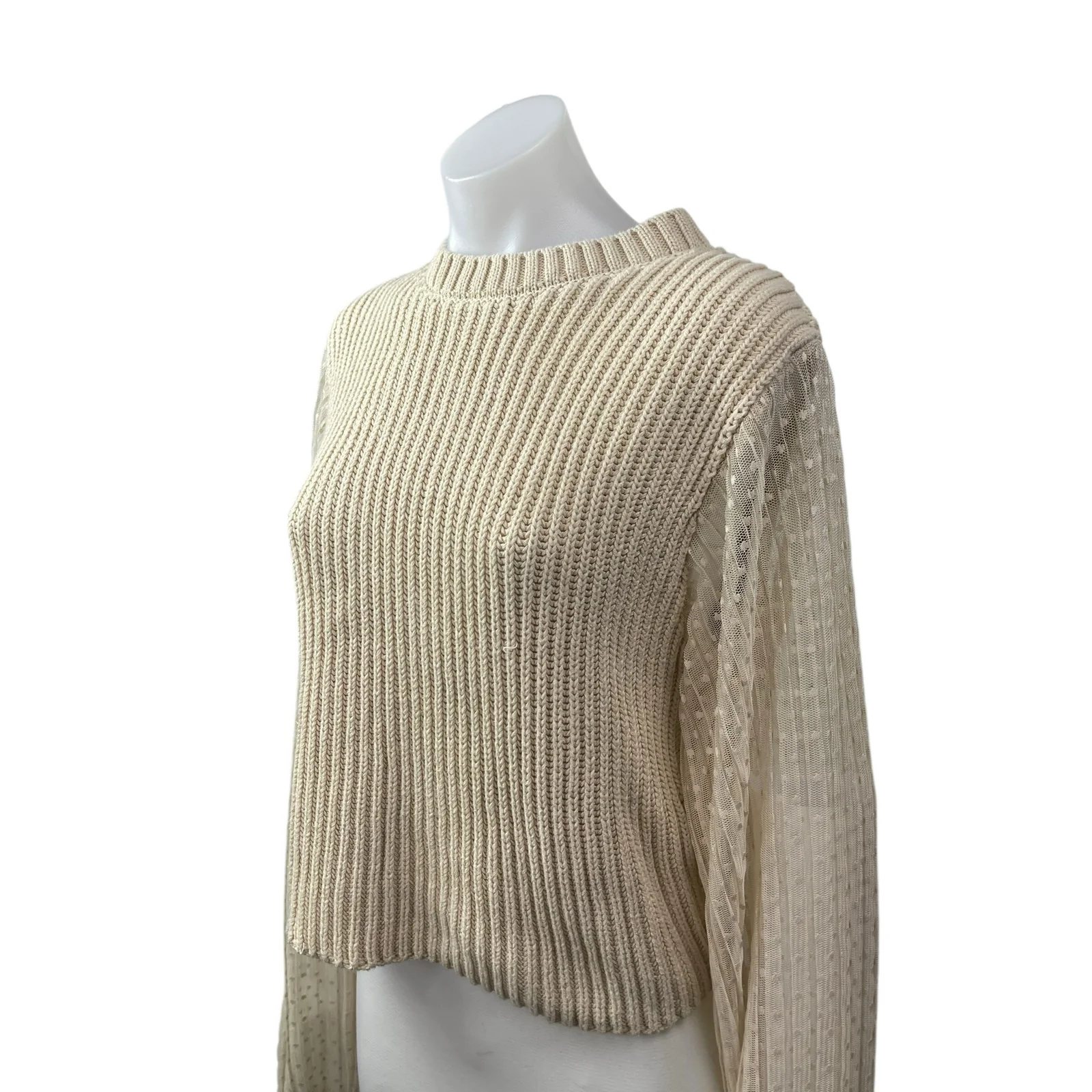 Zara Womens Beige Cable Knit Sheer Polka Dot Long Sleeve Crew Neck Sweater Top L - Image 3