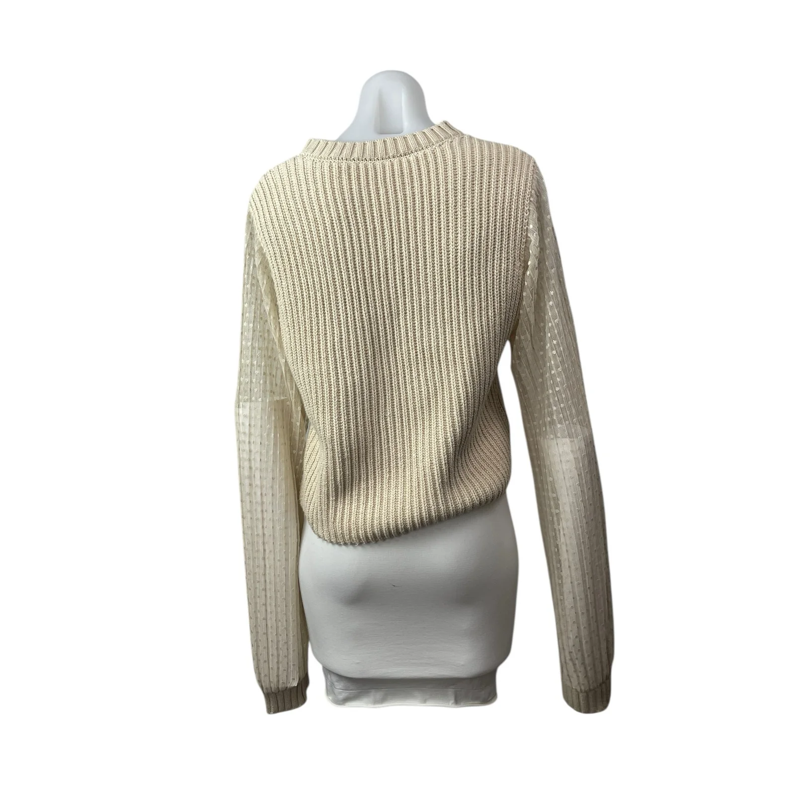 Zara Womens Beige Cable Knit Sheer Polka Dot Long Sleeve Crew Neck Sweater Top L - Image 4