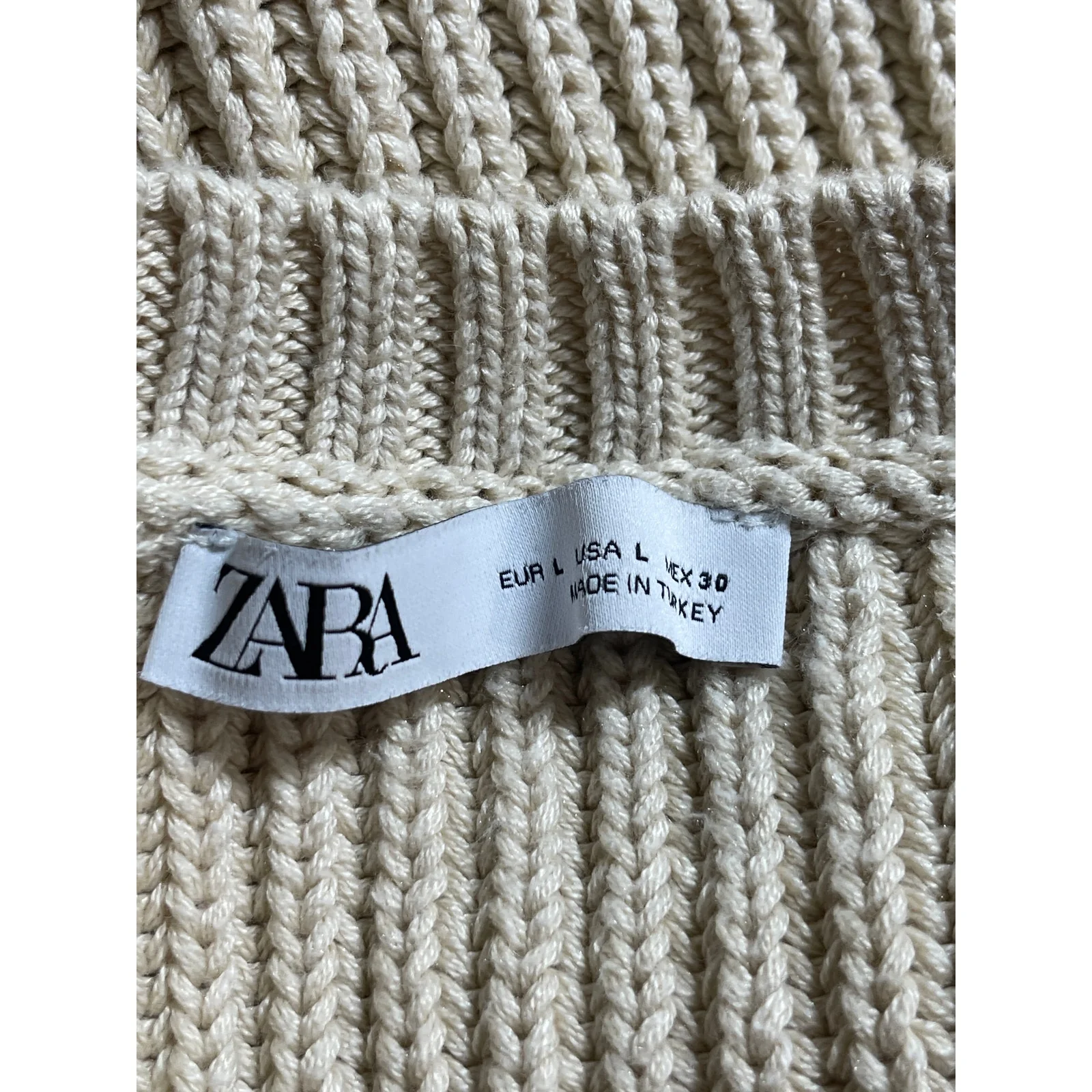 Zara Womens Beige Cable Knit Sheer Polka Dot Long Sleeve Crew Neck Sweater Top L - Image 6