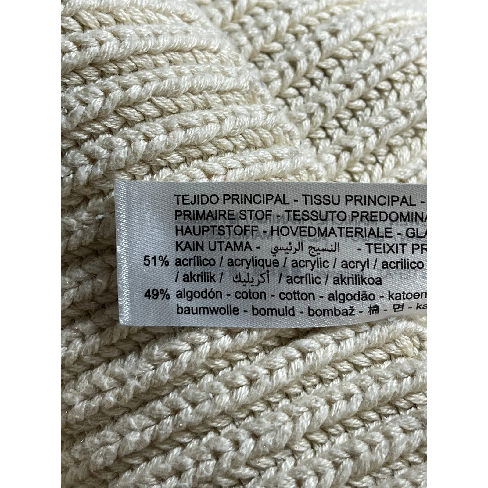 Zara Womens Beige Cable Knit Sheer Polka Dot Long Sleeve Crew Neck Sweater Top L - Image 7