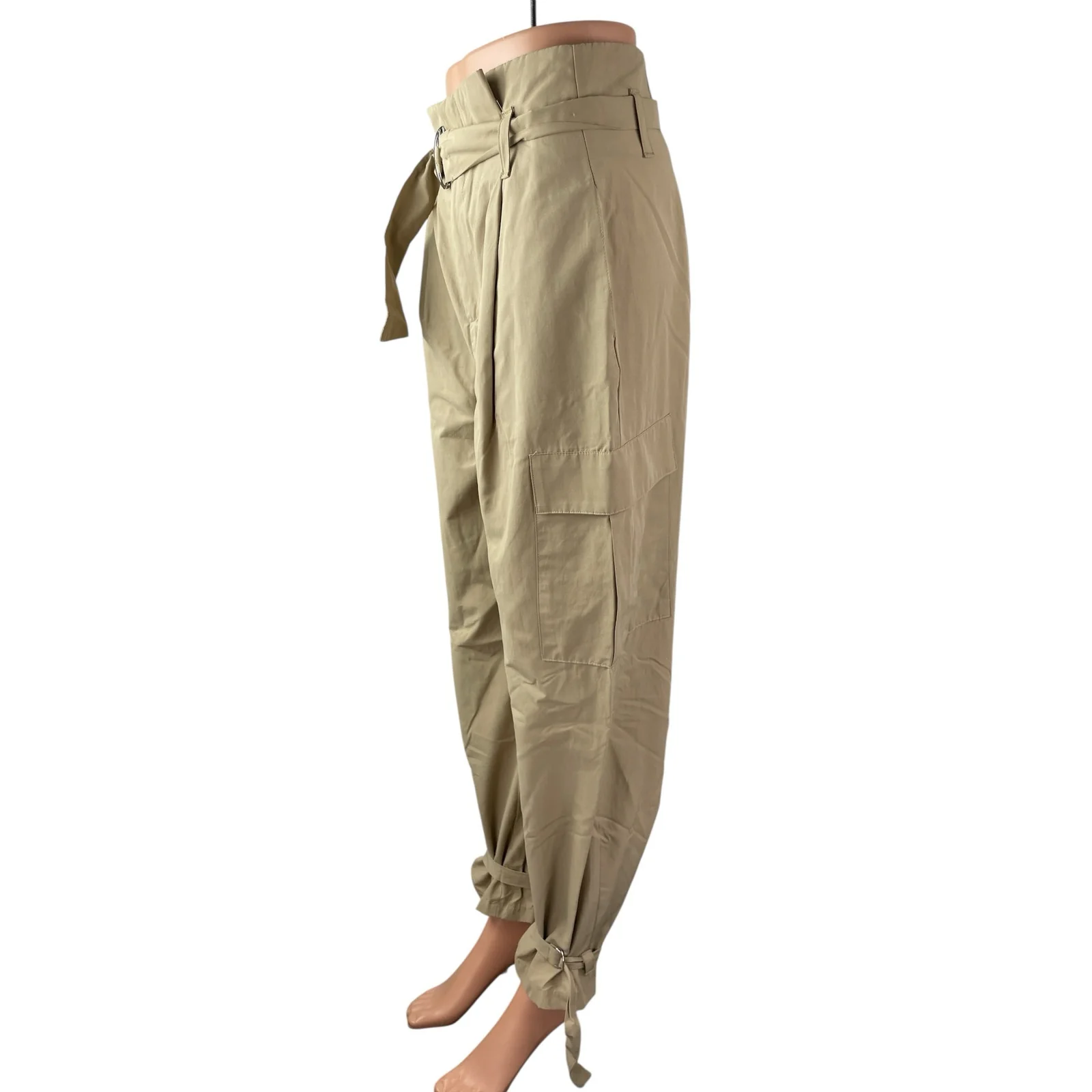 Zara Women's Beige High Rise Pleated Belted Baggy Tapered Trousers Cargo Pants S - Image 3