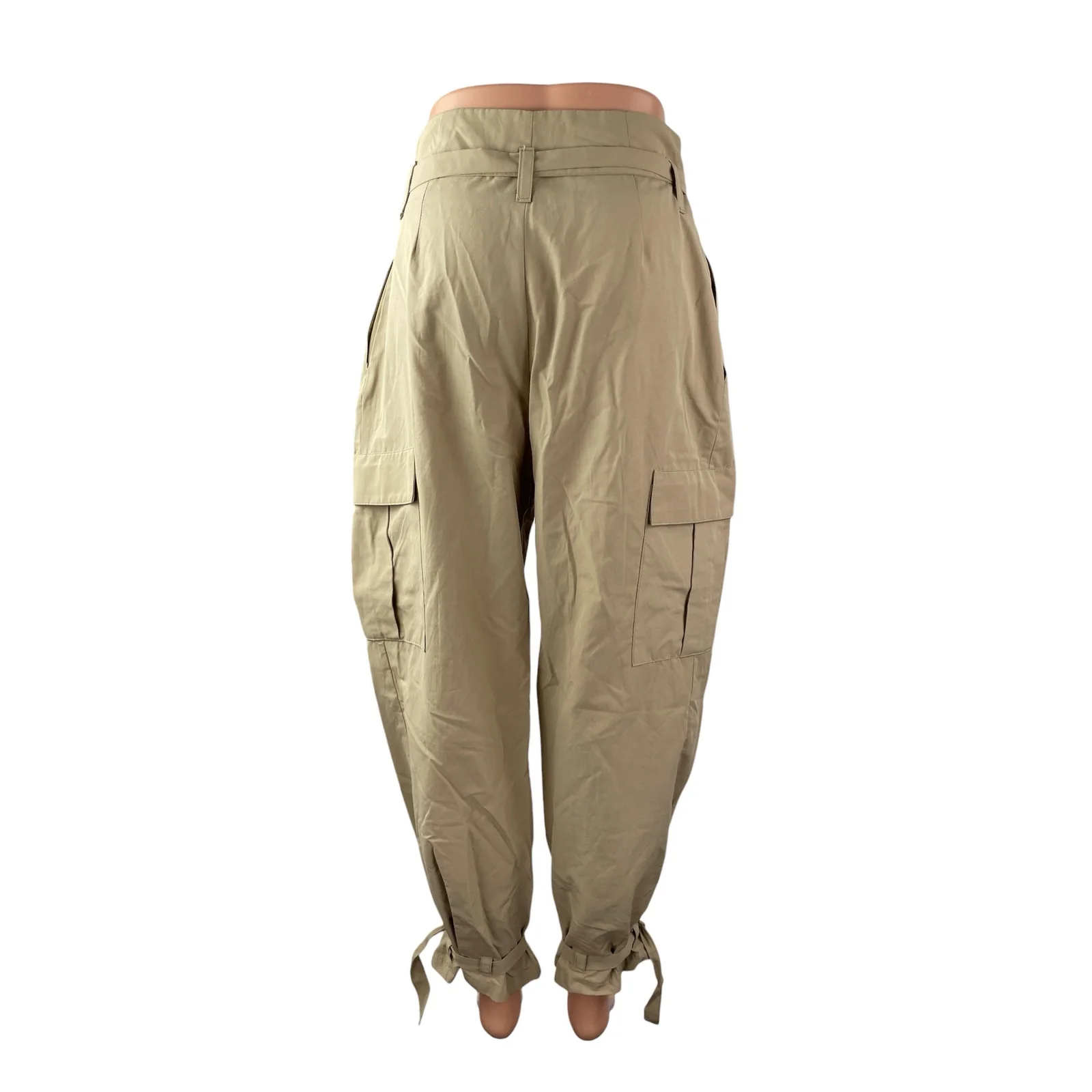 Zara Women's Beige High Rise Pleated Belted Baggy Tapered Trousers Cargo Pants S - Image 4
