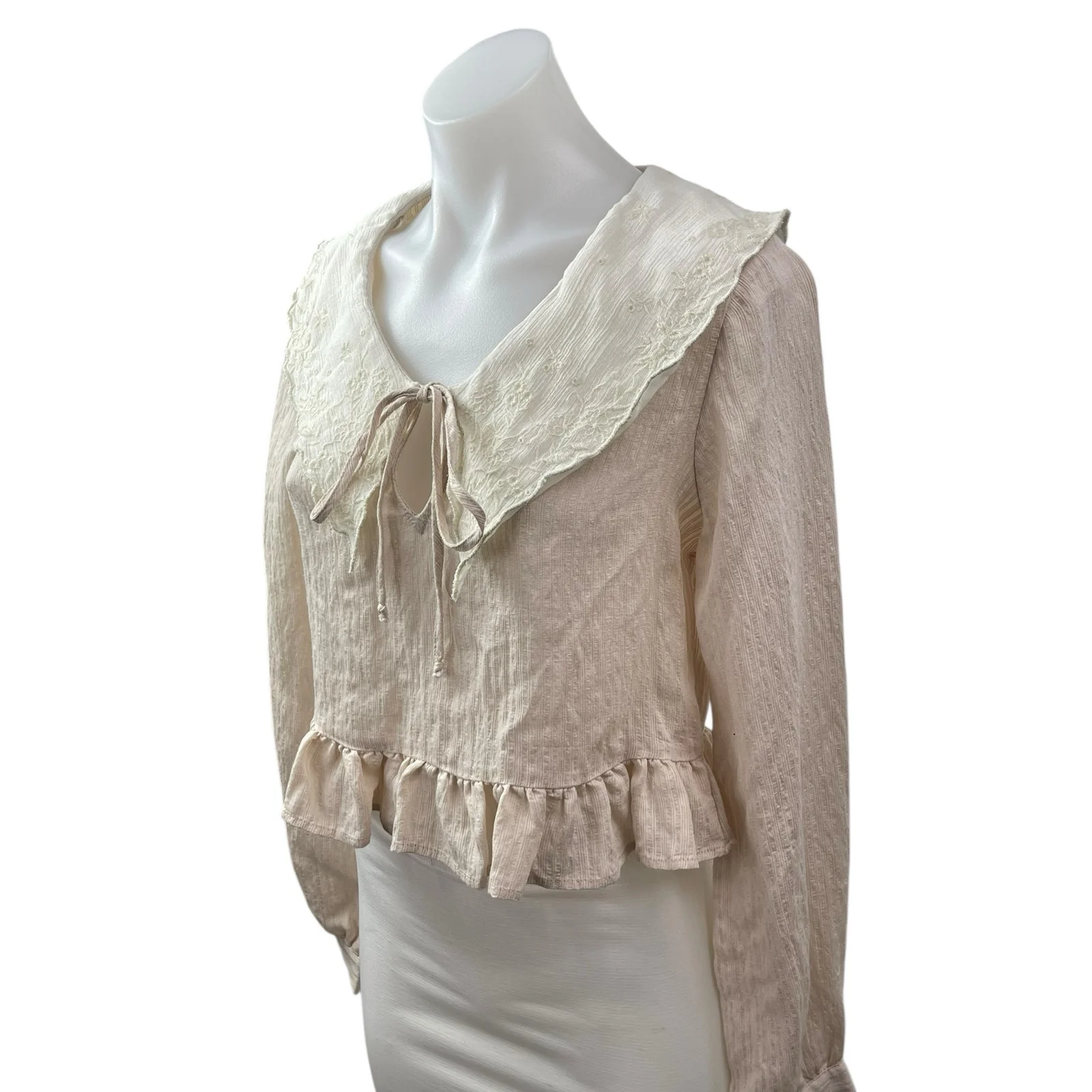 Zara Women's Beige Long Sleeve Tie Collared Ruffle Crop Peplum Blouse Top Size M - Image 2