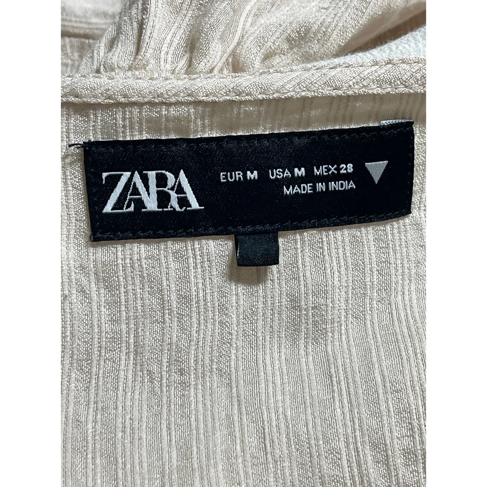 Zara Women's Beige Long Sleeve Tie Collared Ruffle Crop Peplum Blouse Top Size M - Image 5