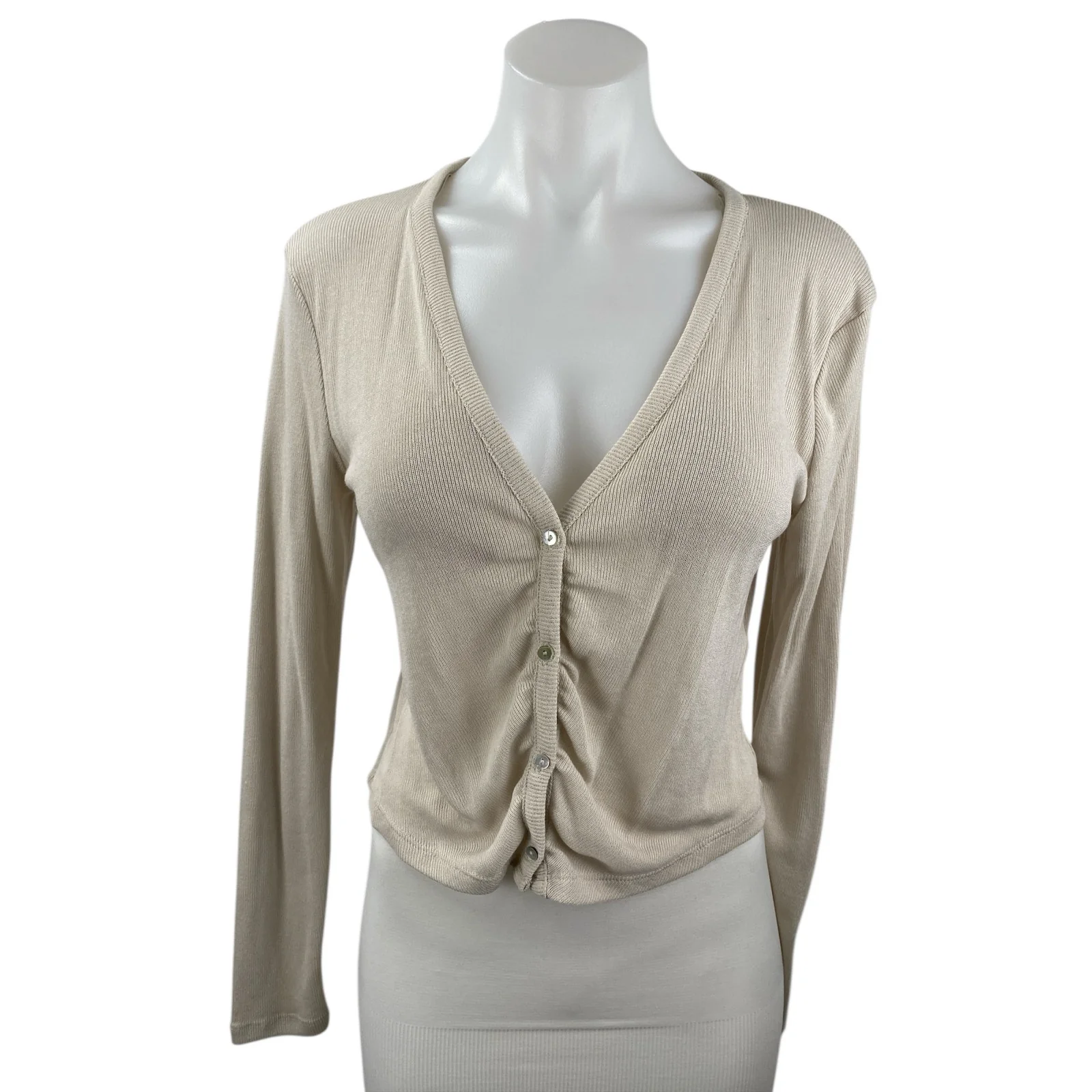 Zara Women's Beige Ribbed Knit V Neck Long Sleeve Button Up Cardigan Top Size S