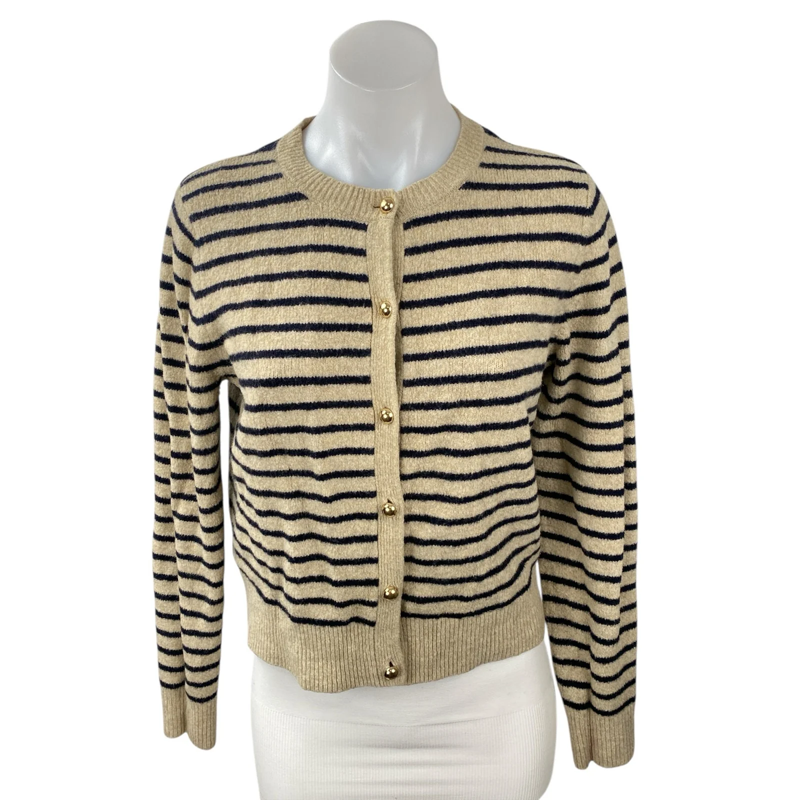 Zara Women's Beige Wool Striped Long Sleeve Button Down Cardigan Sweater Top M