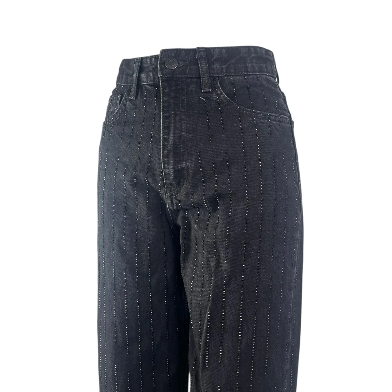 Zara Women's Black Beaded Rhinestone High Waist Wide Leg Denim Mom Jeans Size 2 - Image 3