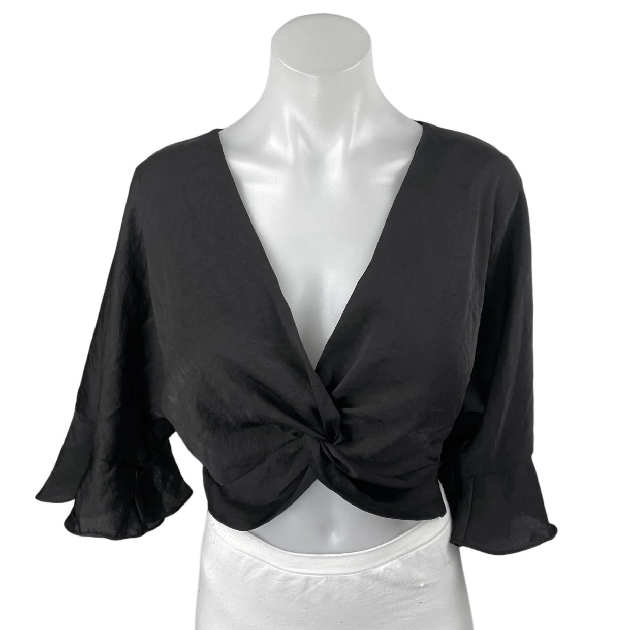 Zara Women's Black Bell Sleeves V Neck Twist Front Cropped Blouse Top Size XS