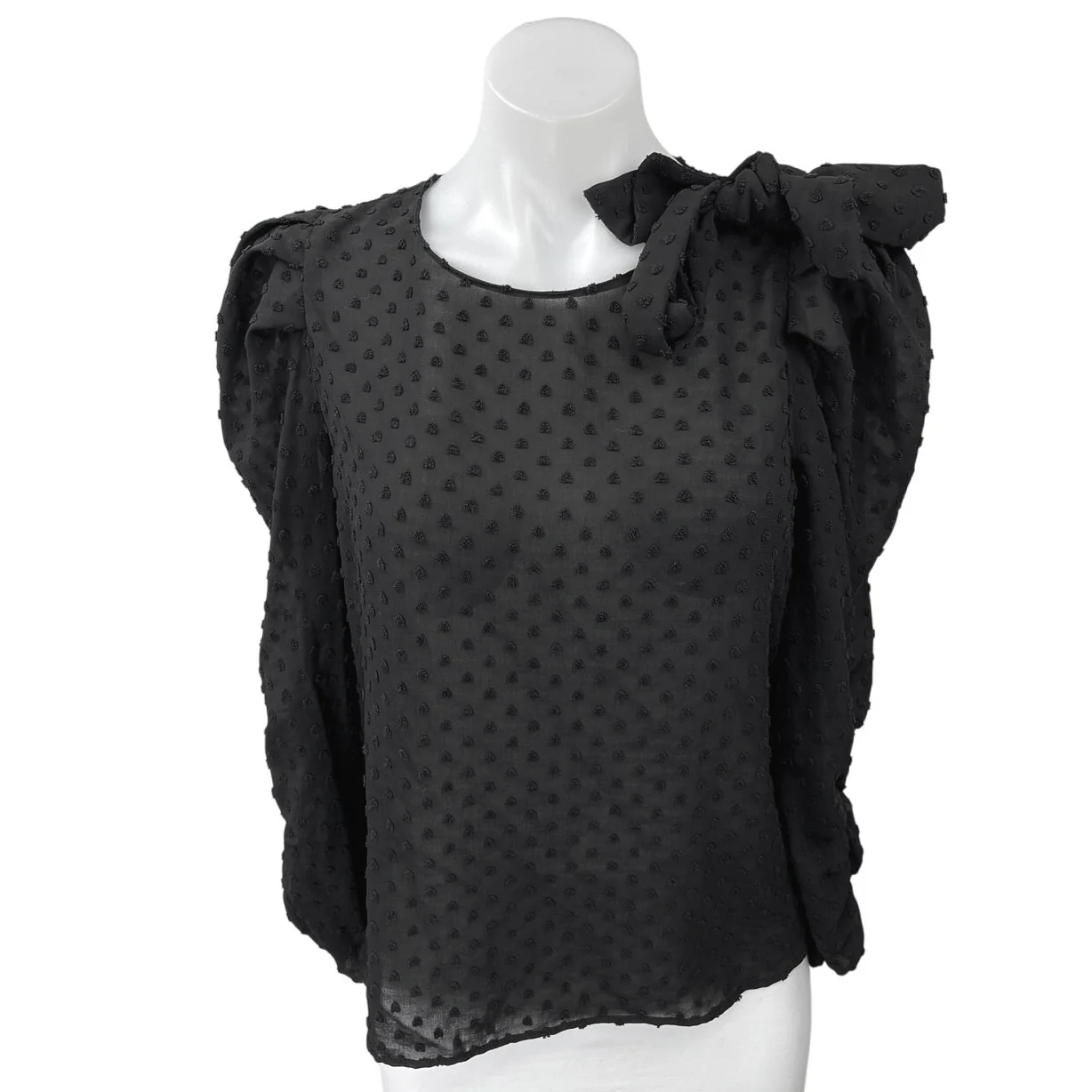 Zara Women's Black Bow Tie Long Puff Sleeve 3D Semi Sheer Blouse Top Size S