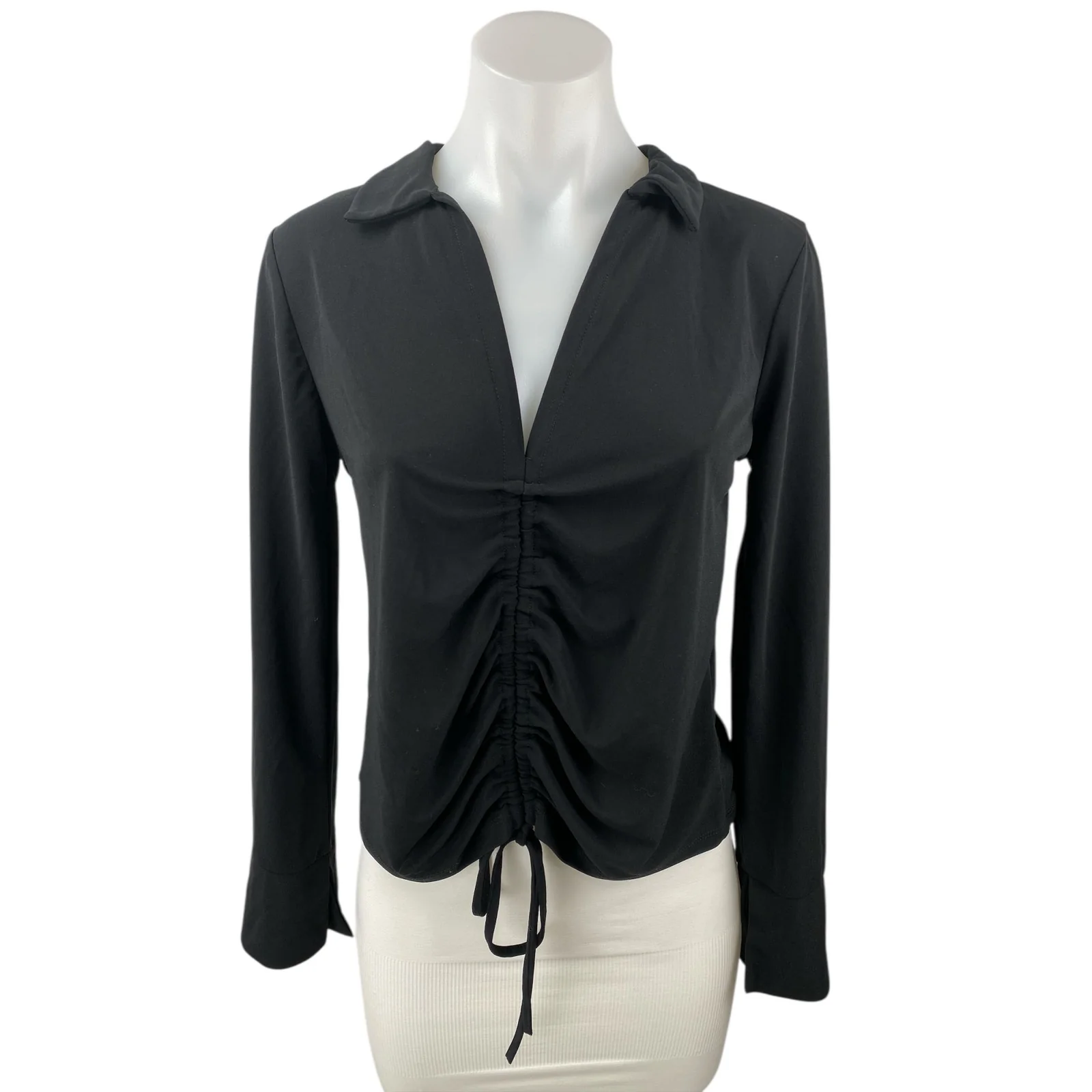 Zara Women's Black Collared Ruched Cinched Tie Long Sleeve Shirt Blouse Top Sz M