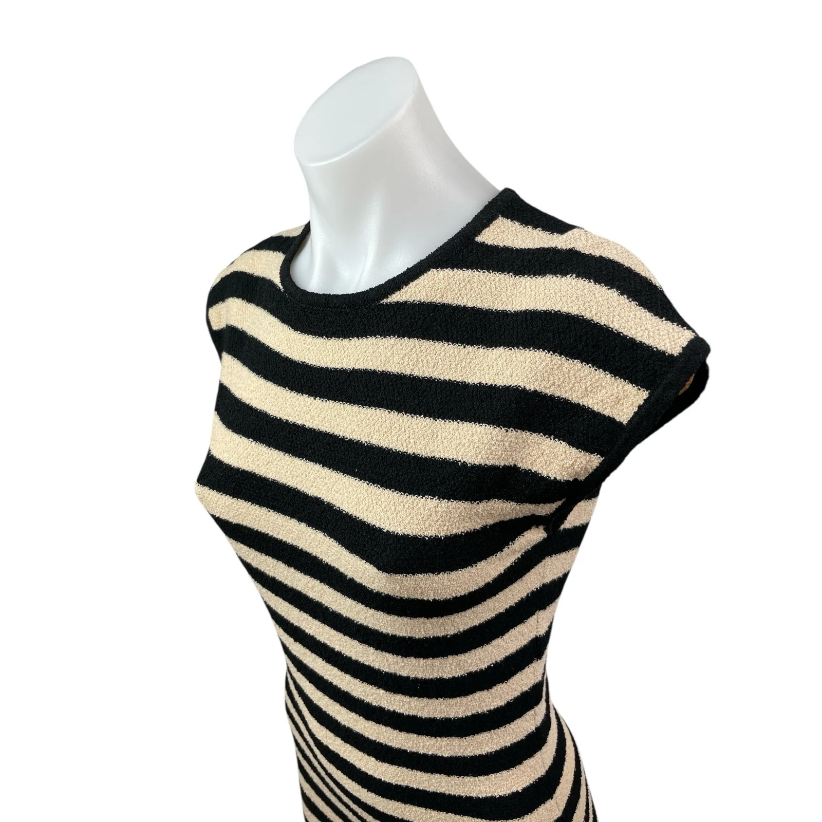 Zara Women's Black Cream Striped Knit Cap Sleeve Midi Sheath Bodycon Dress Sz S - Image 2