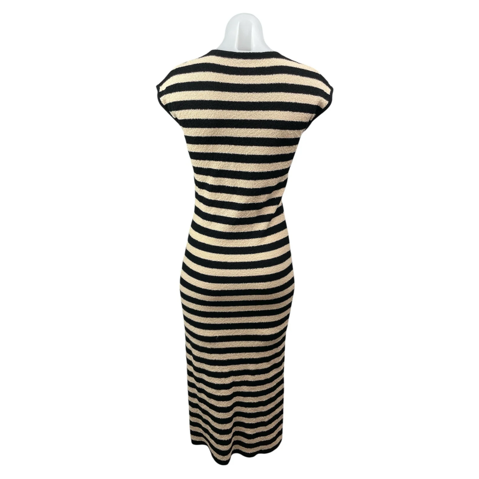 Zara Women's Black Cream Striped Knit Cap Sleeve Midi Sheath Bodycon Dress Sz S - Image 3