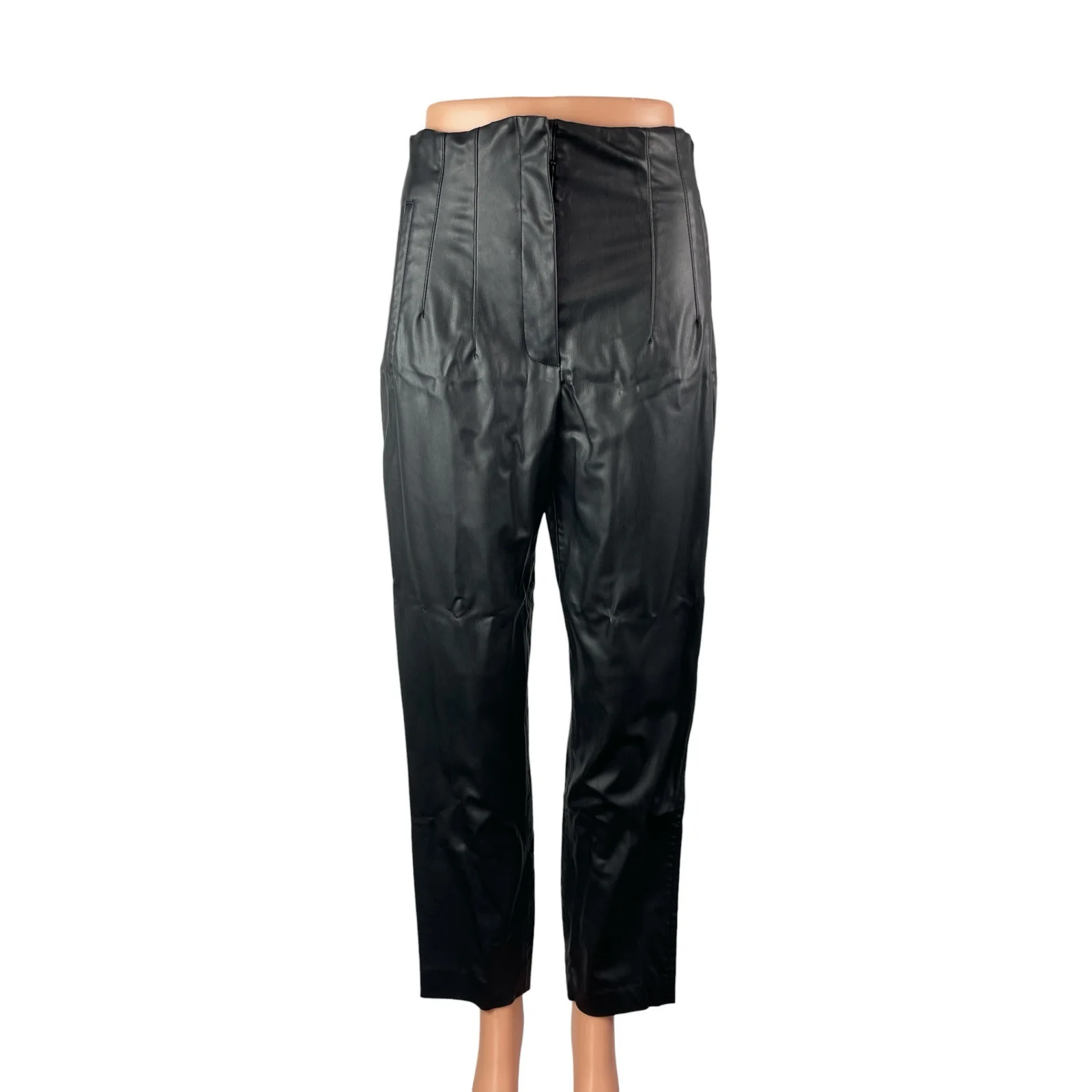 Zara Women's Black Faux Leather Vegan High Rise Straight Trousers Pants Size M