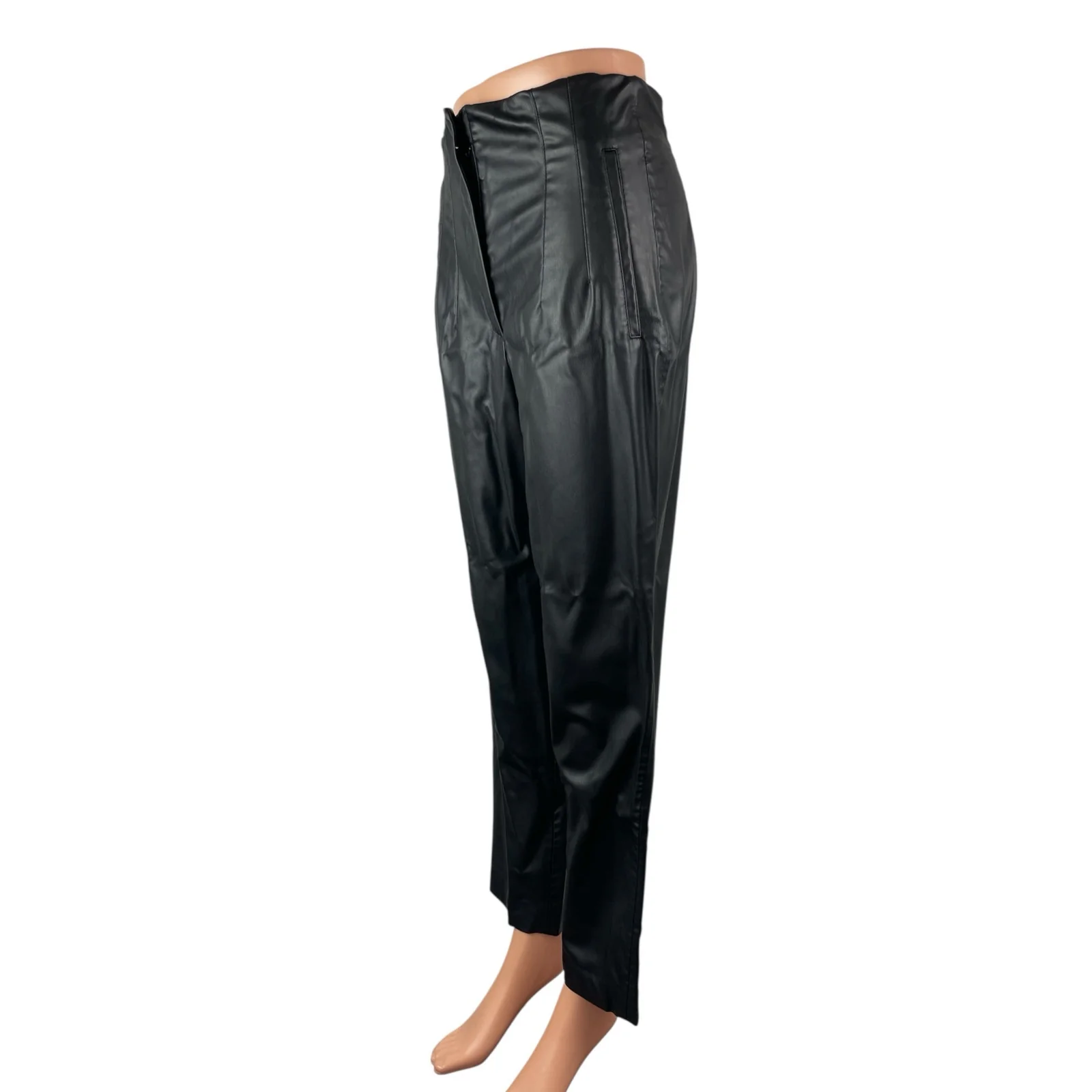 Zara Women's Black Faux Leather Vegan High Rise Straight Trousers Pants Size M - Image 3