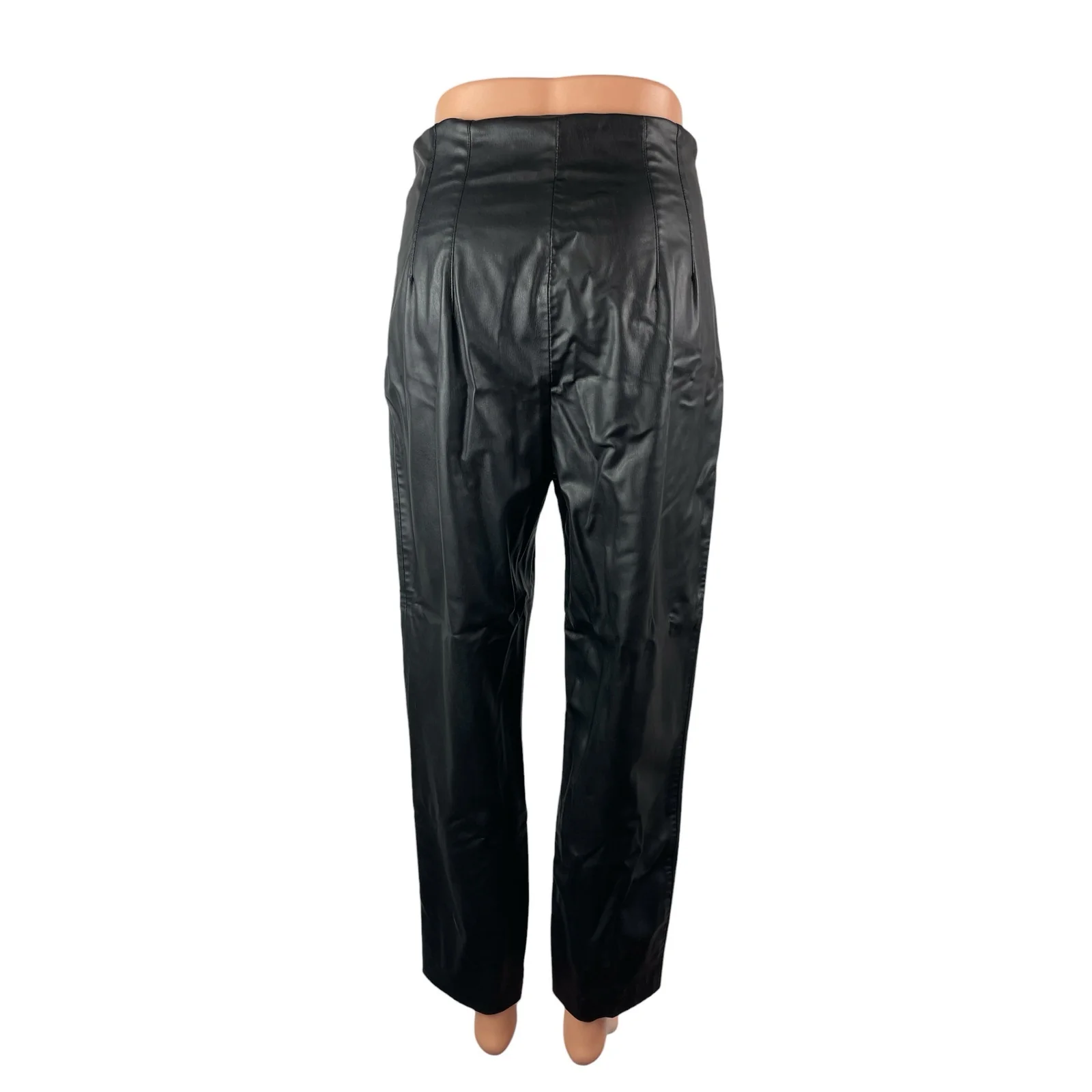Zara Women's Black Faux Leather Vegan High Rise Straight Trousers Pants Size M - Image 4