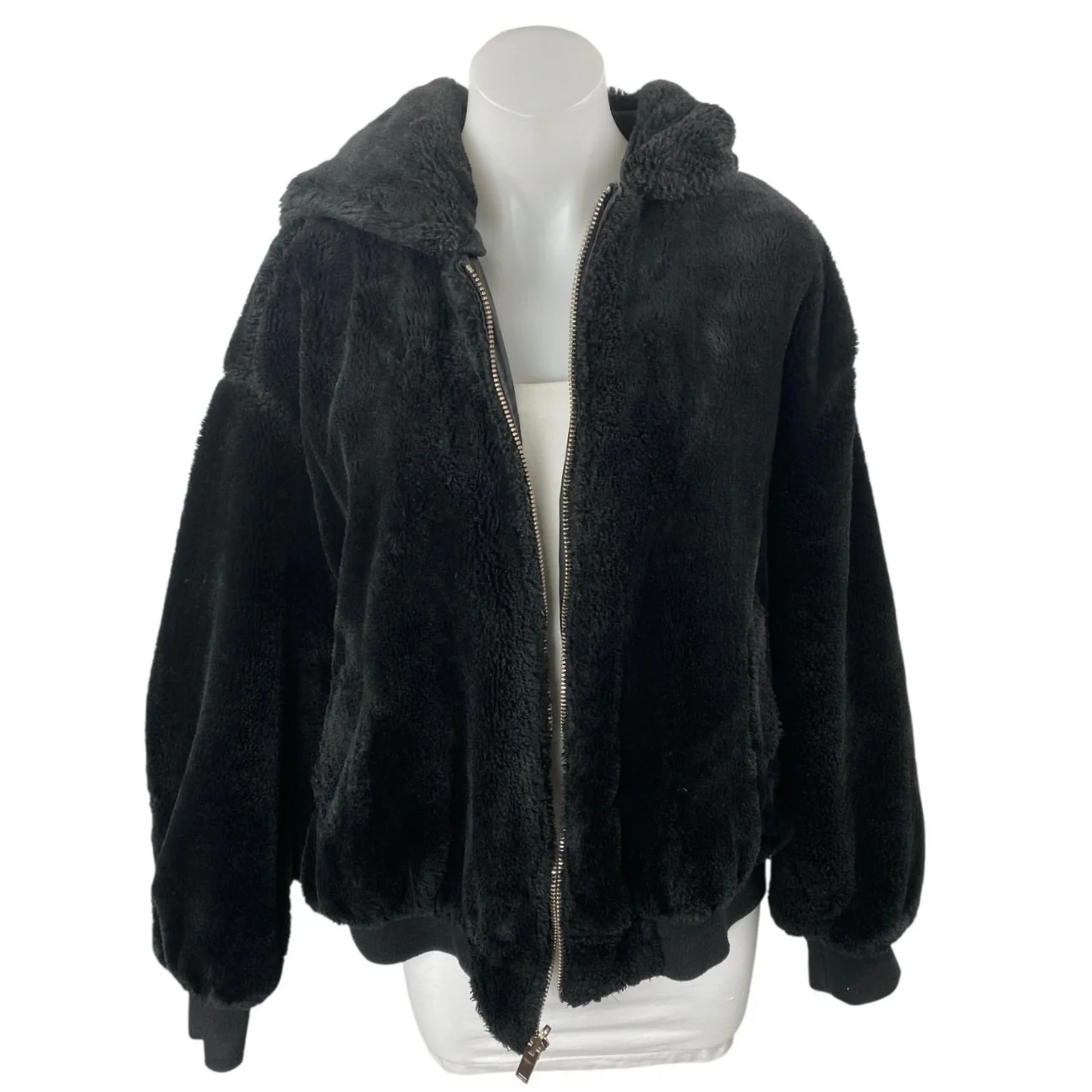 Zara Women's Black Faux Shearling Full Zip Hooded Hoodie Teddy Sweater Jacket M