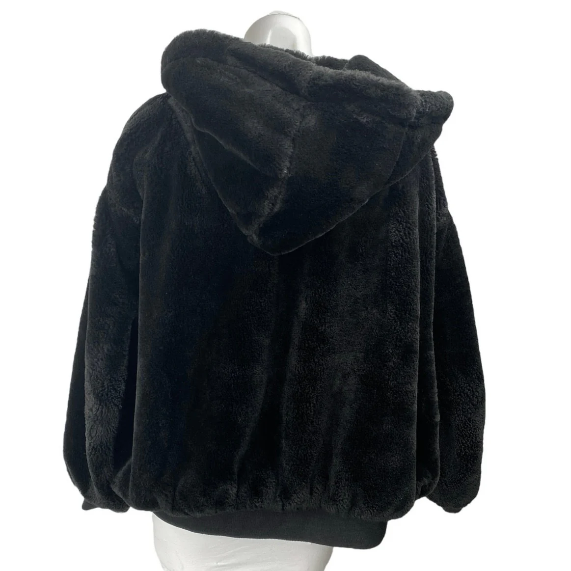 Zara Women's Black Faux Shearling Full Zip Hooded Hoodie Teddy Sweater Jacket M - Image 2