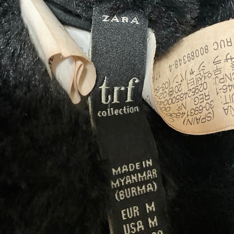 Zara Women's Black Faux Shearling Full Zip Hooded Hoodie Teddy Sweater Jacket M - Image 3