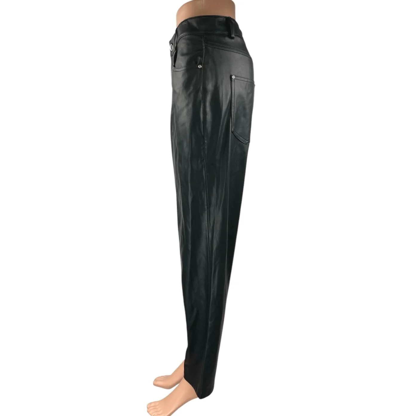 Zara Women's Black Faux Vegan Leather High Waist Straight Leg Trousers Pants 6 - Image 2