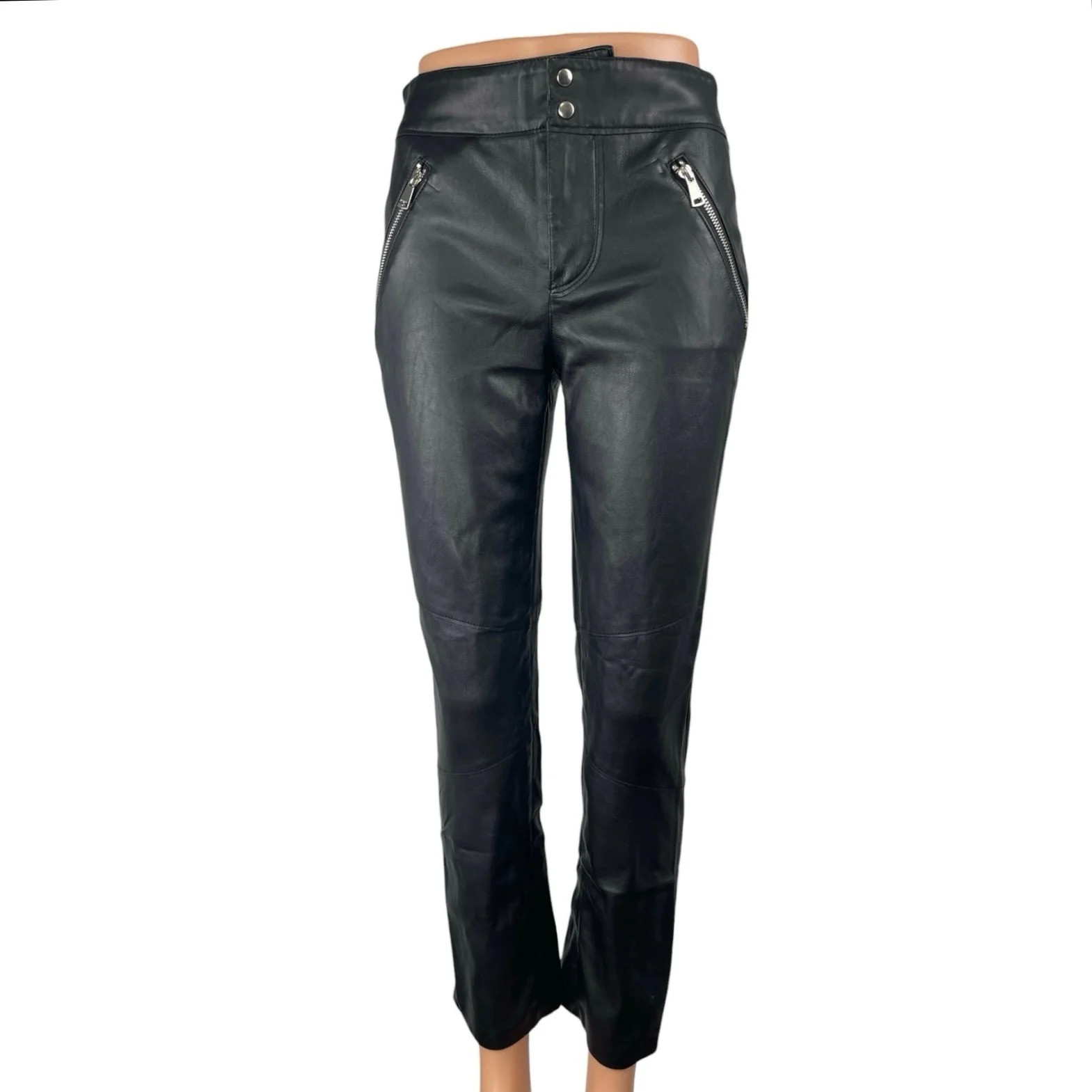 Zara Women's Black Faux Vegan Leather Mid Rise Slim Skinny Moto Trousers Pants 2