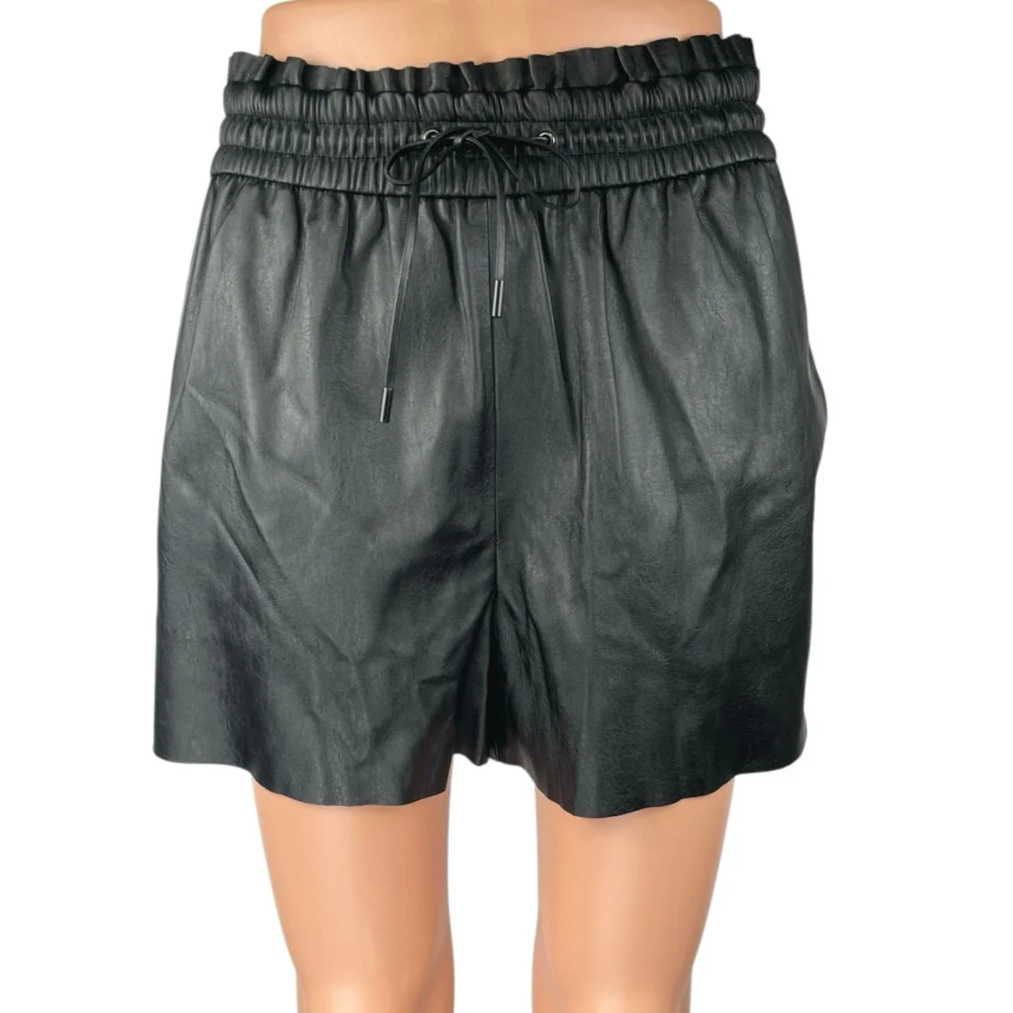 Zara Women's Black Faux Vegan Leather Pleated High Waist Paperbag Shorts Size M