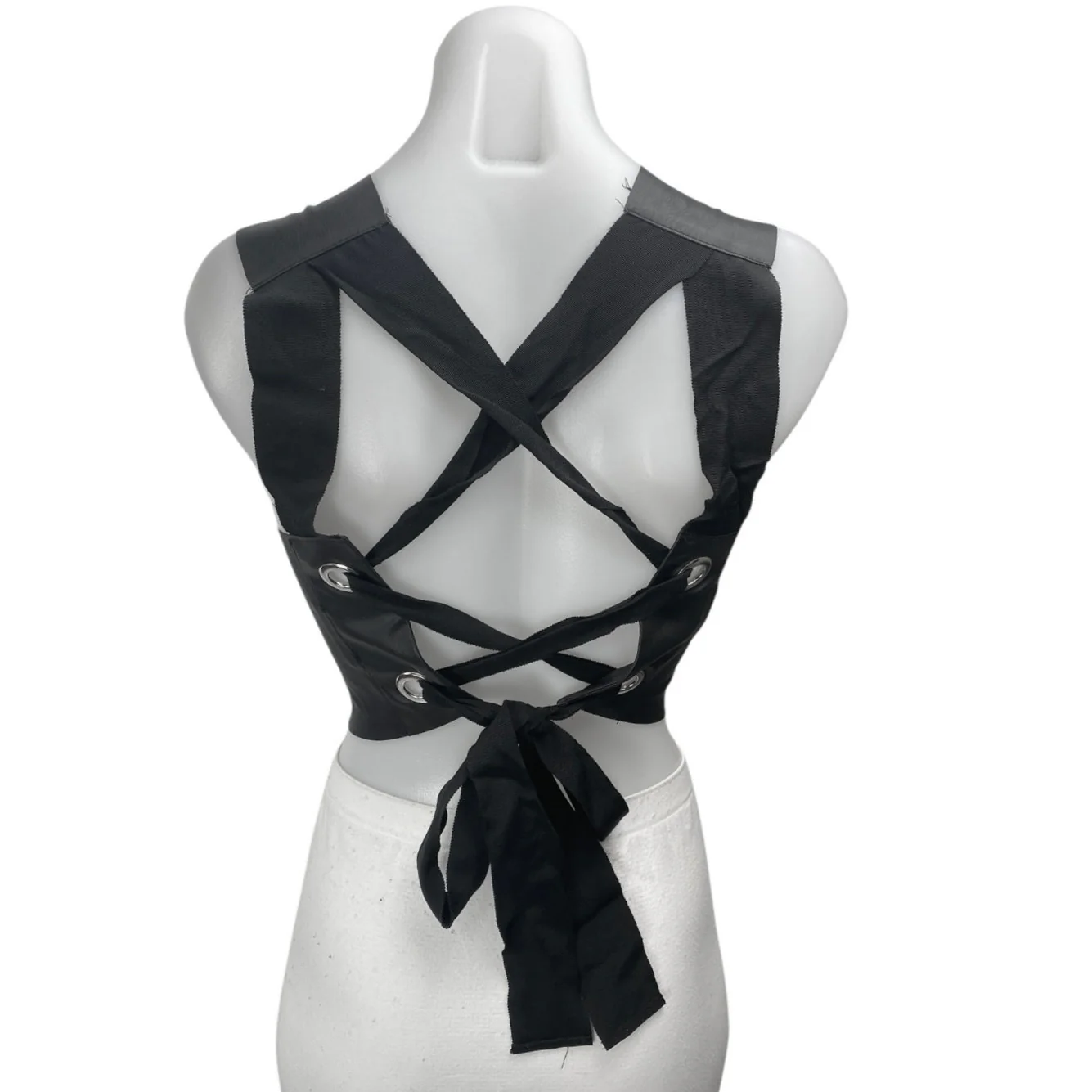 Zara Women's Black Faux Vegan Leather Sleeveless Lace Up Back Crop Tank Top Sz S - Image 2