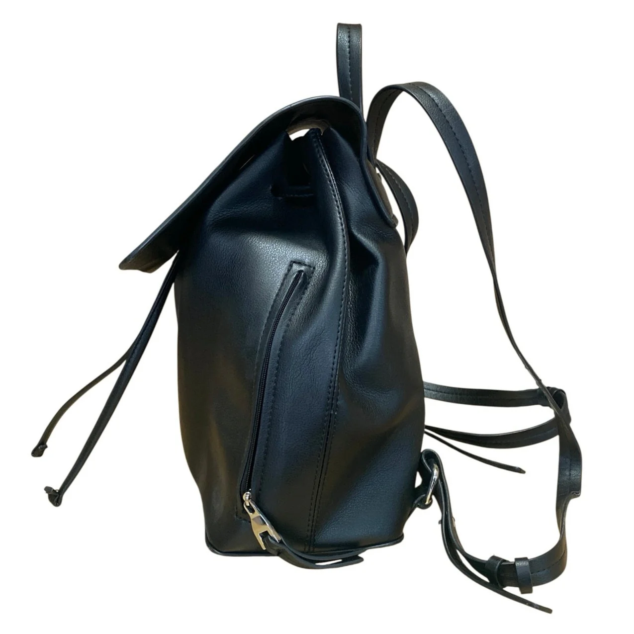 Zara Women's Black Faux Vegan Leather Tassled Drawstring Backpack Bag OS - Image 3