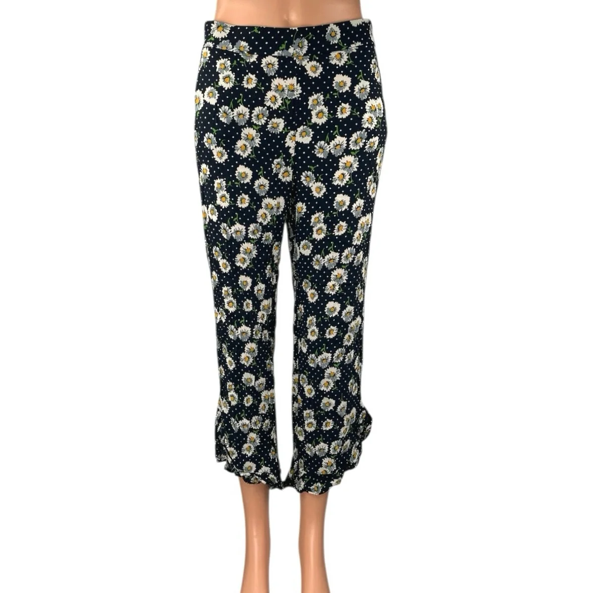 Zara Women's Black Floral Polka Dots High Rise Cropped Trousers Pants Size M