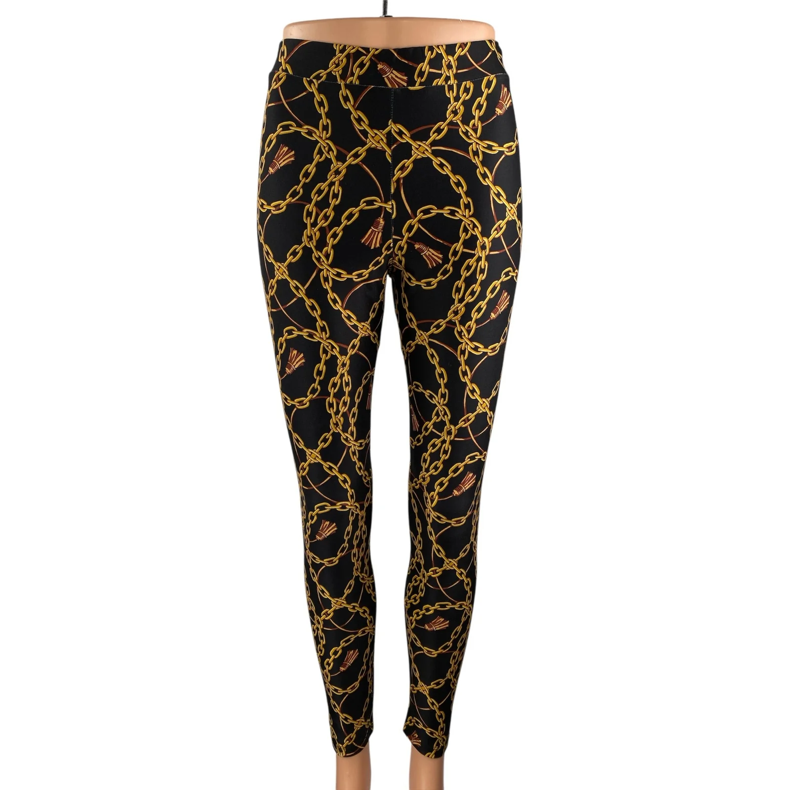 Zara Women's Black Gold Chain Print High Waisted Casual Leggings Pants Size S