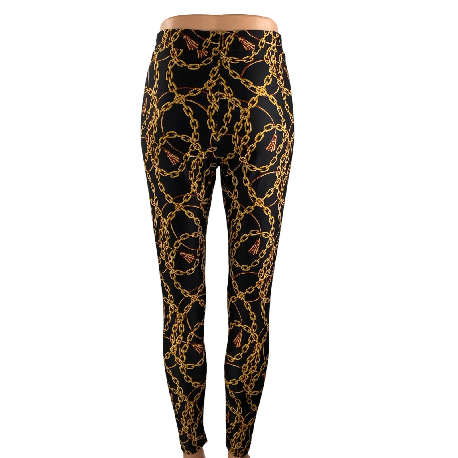 Zara Women's Black Gold Chain Print High Waisted Casual Leggings Pants Size S - Image 4