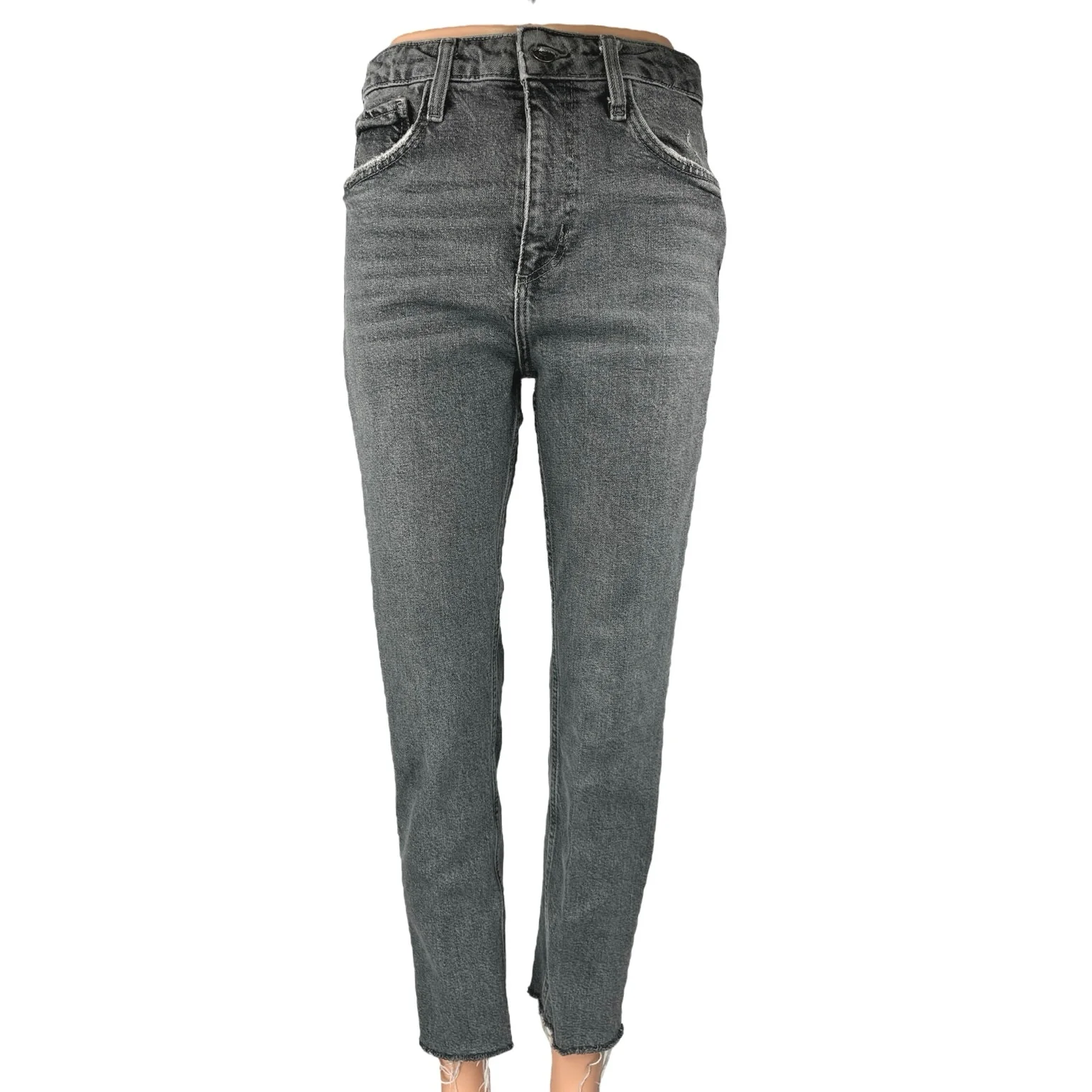 Zara Women's Black High Waist Frayed Raw Hem Straight Skinny Denim Jeans Pants 6