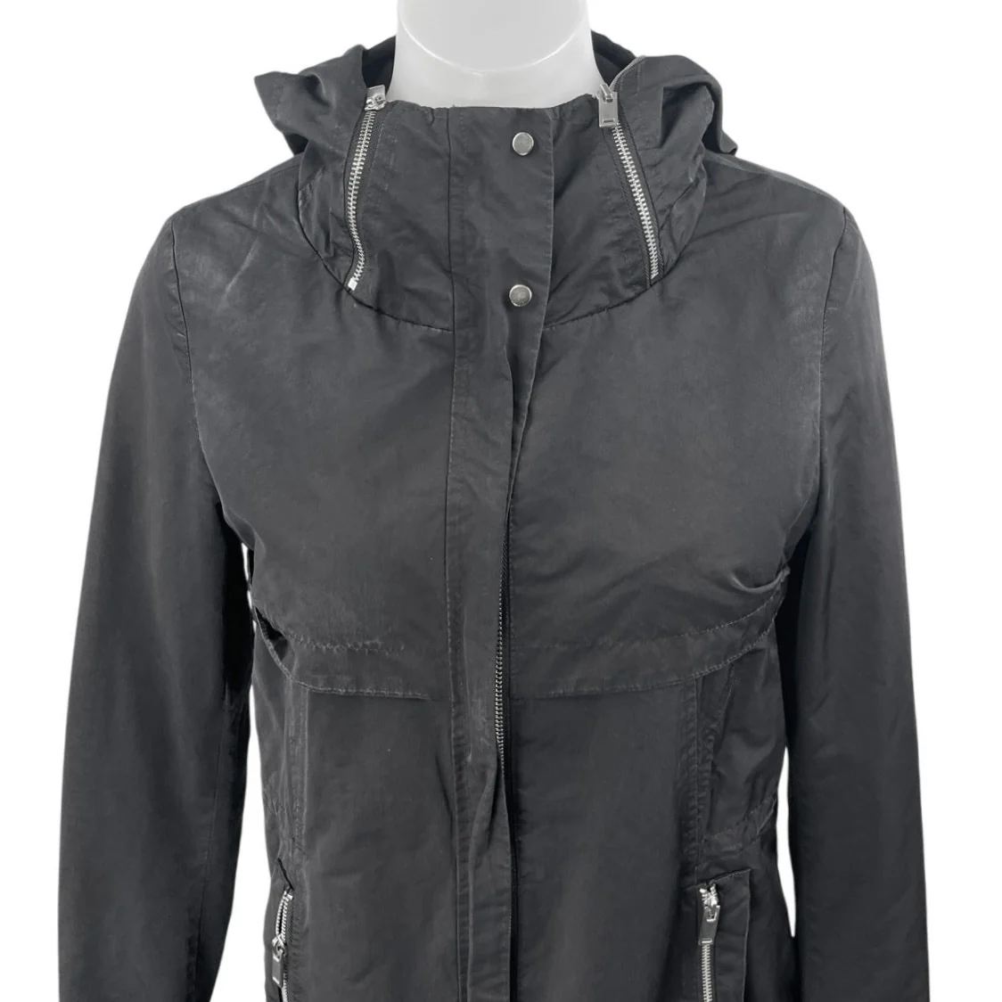 Zara Women's Black Long Sleeve Hooded Hoodie Zip Up Trench Rain Coat Jacket XS - Image 3