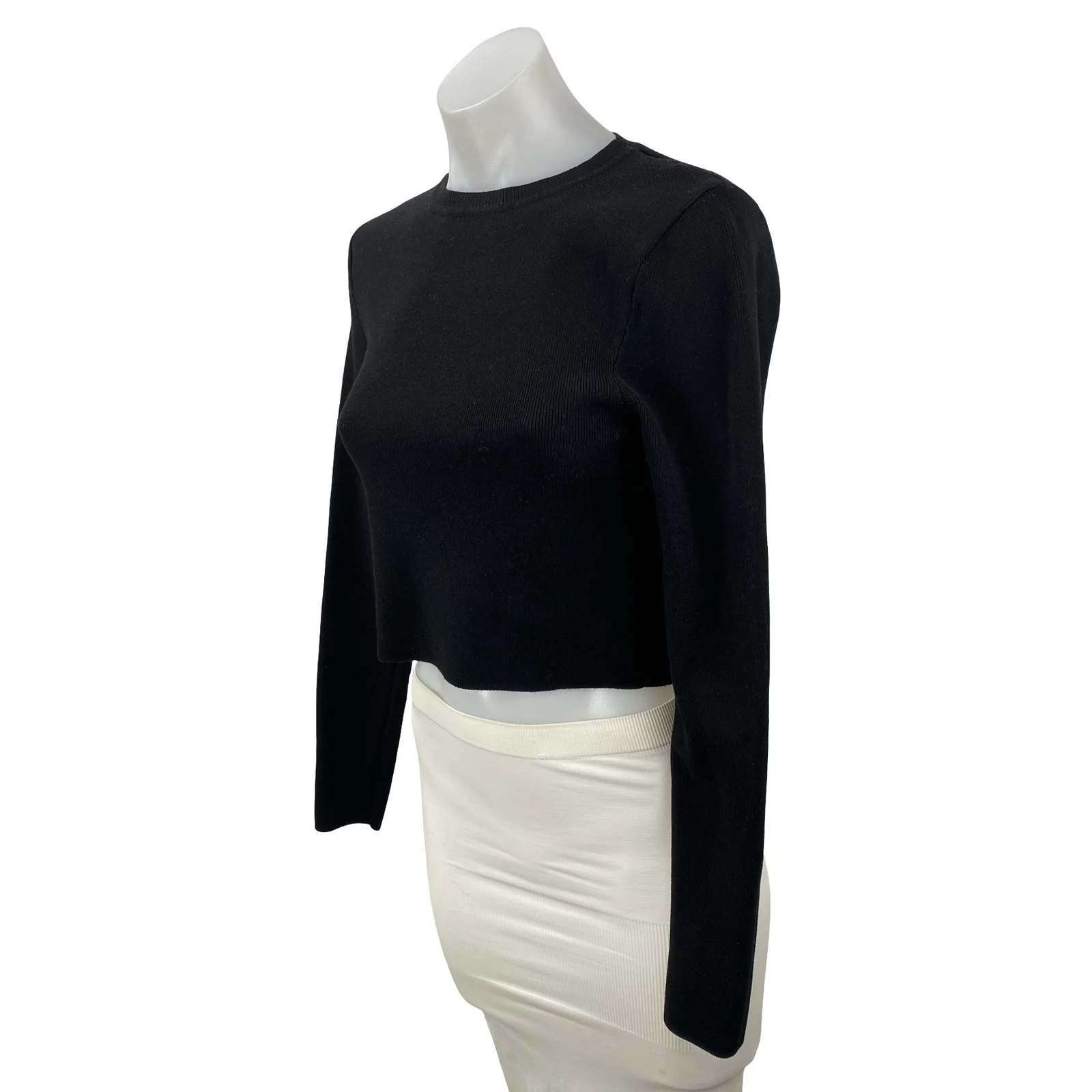 Zara Women's Black Long Sleeve Ribbed Knit Crew Neck Cropped Sweater Top Size L - Image 3