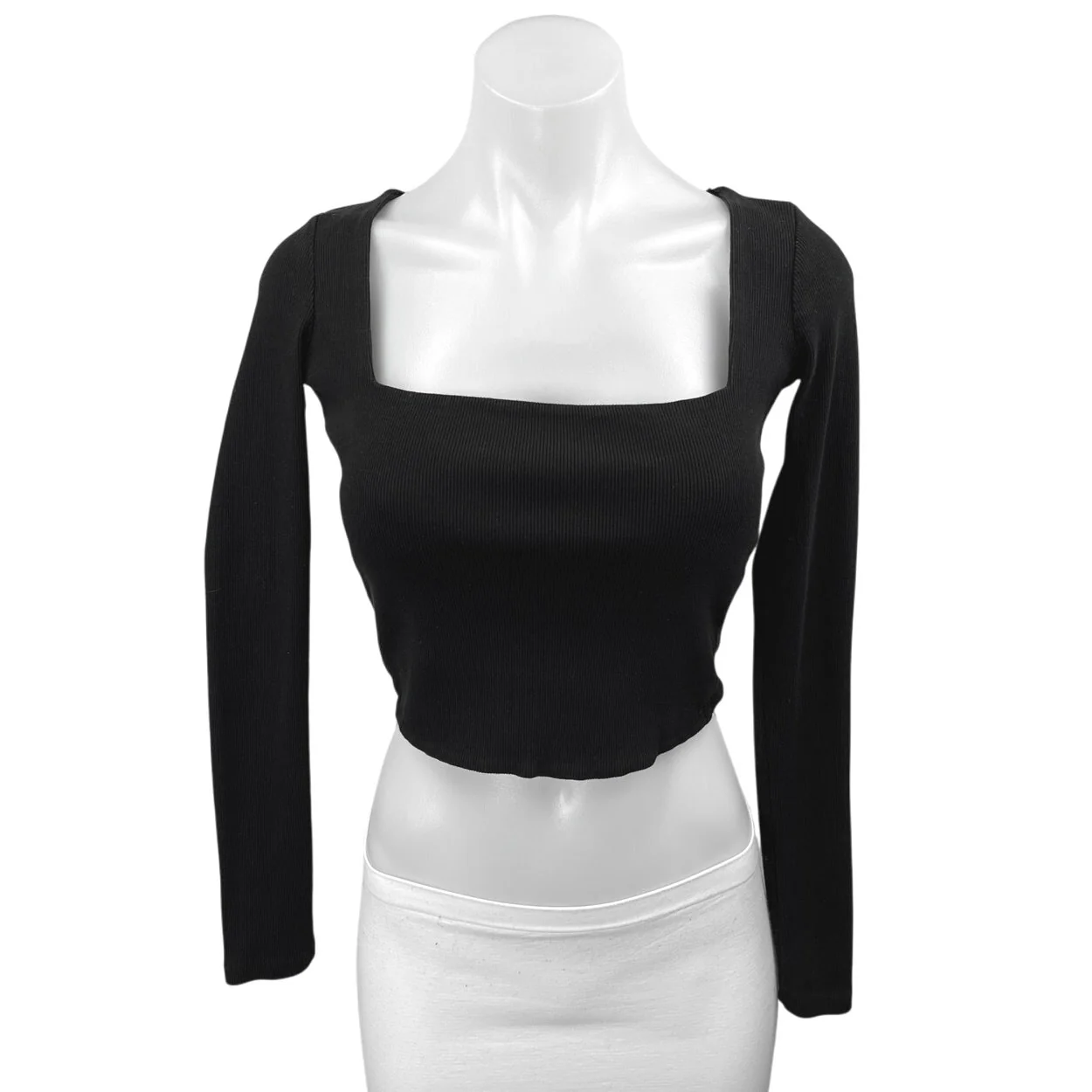 Zara Women's Black Long Sleeve Ribbed Knit Square Neck Sweater Crop Top Size S