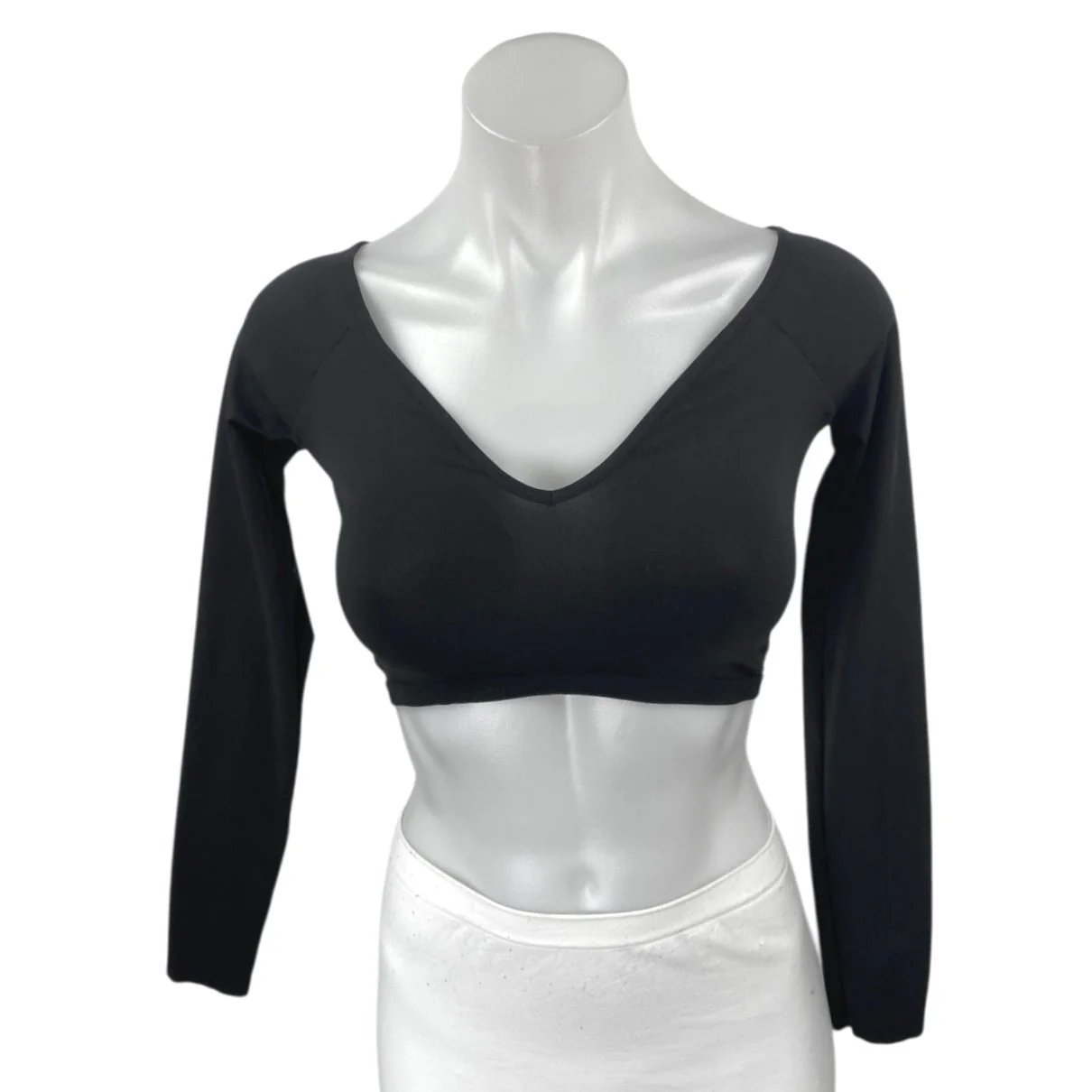 Zara Women's Black Long Sleeve V Neck Padded Stretch T Shirt Tee Crop Top Size M