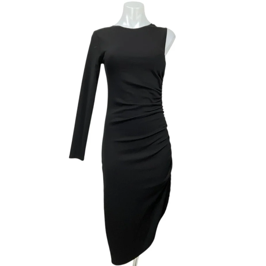 Zara Women's Black One Shoulder Long Sleeve Asymmetrical Midi Bodycon Dress S