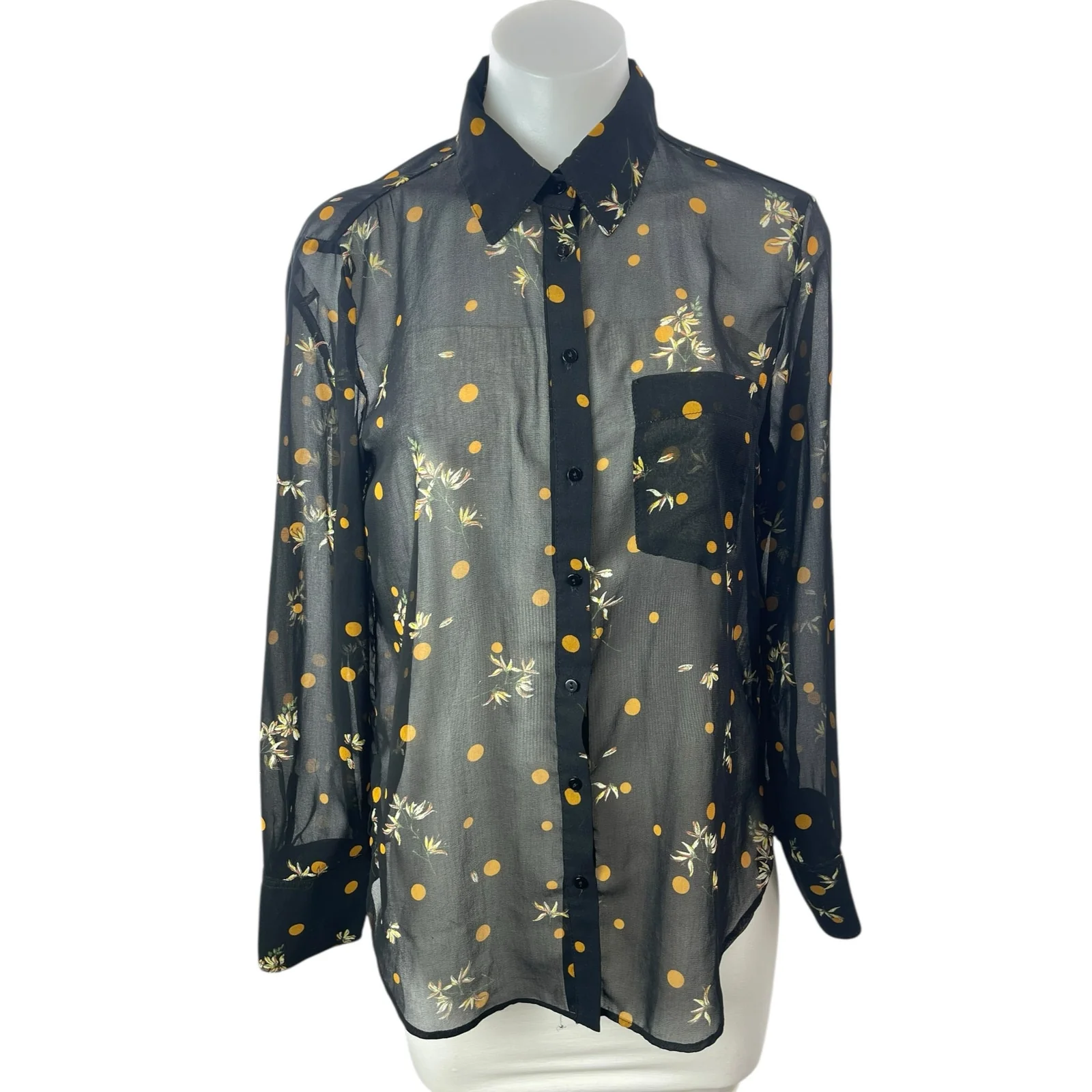 Zara Women's Black Polka Dots Leaf Mesh Sheer Long Sleeve Button Up Shirt Top M