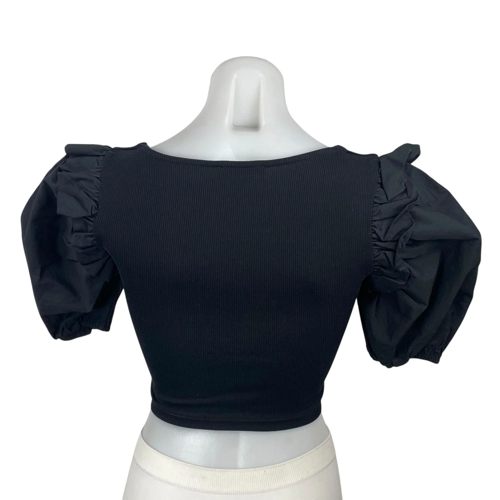 Zara Women's Black Puff Sleeve Square Neck Ribbed Knit Cropped Blouse Top Sz S - Image 4