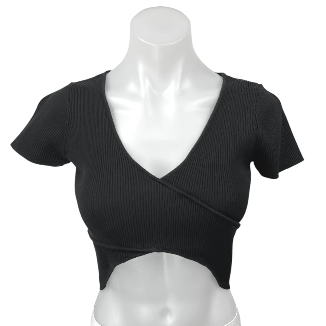 Zara Women's Black Rib Knit Short Sleeve V-Neck Wrap Sweater Crop Shirt Top Sz M