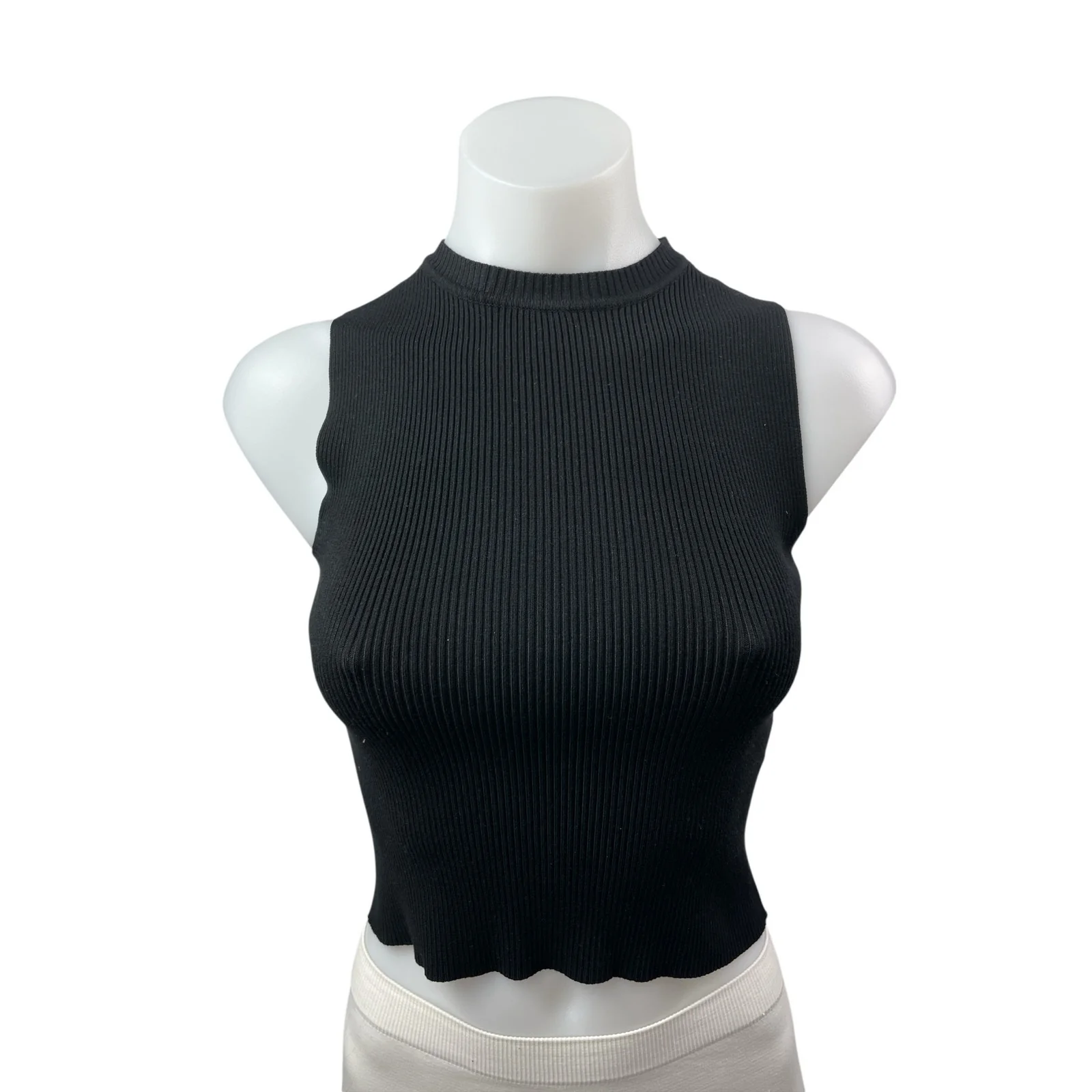 Zara Women's Black Ribbed Knit Mock Neck Sleeveless Slim Fit Crop Tank Top Sz S