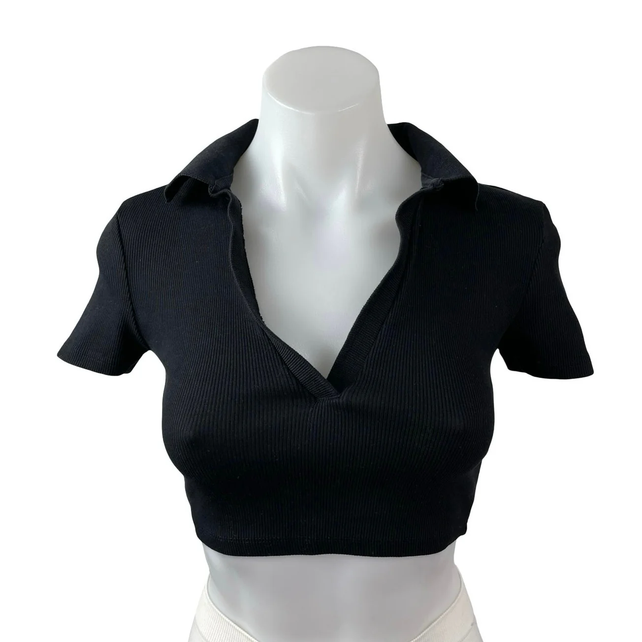 Zara Women's Black Ribbed Knit Short Sleeve V Neck Collared Polo Crop Top Size S