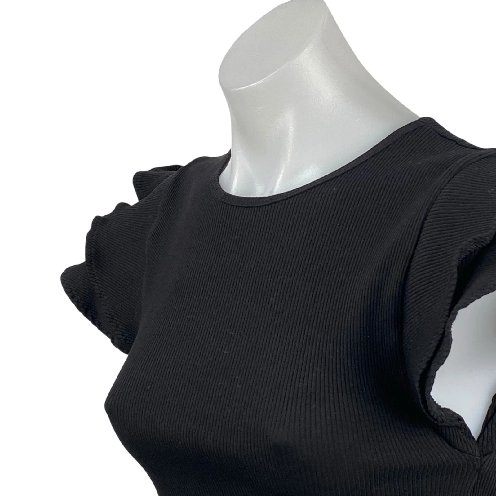 Zara Women's Black Ruffle Sleeve Crew Neck Ribbed Knit Cropped Blouse Top Size S - Image 2